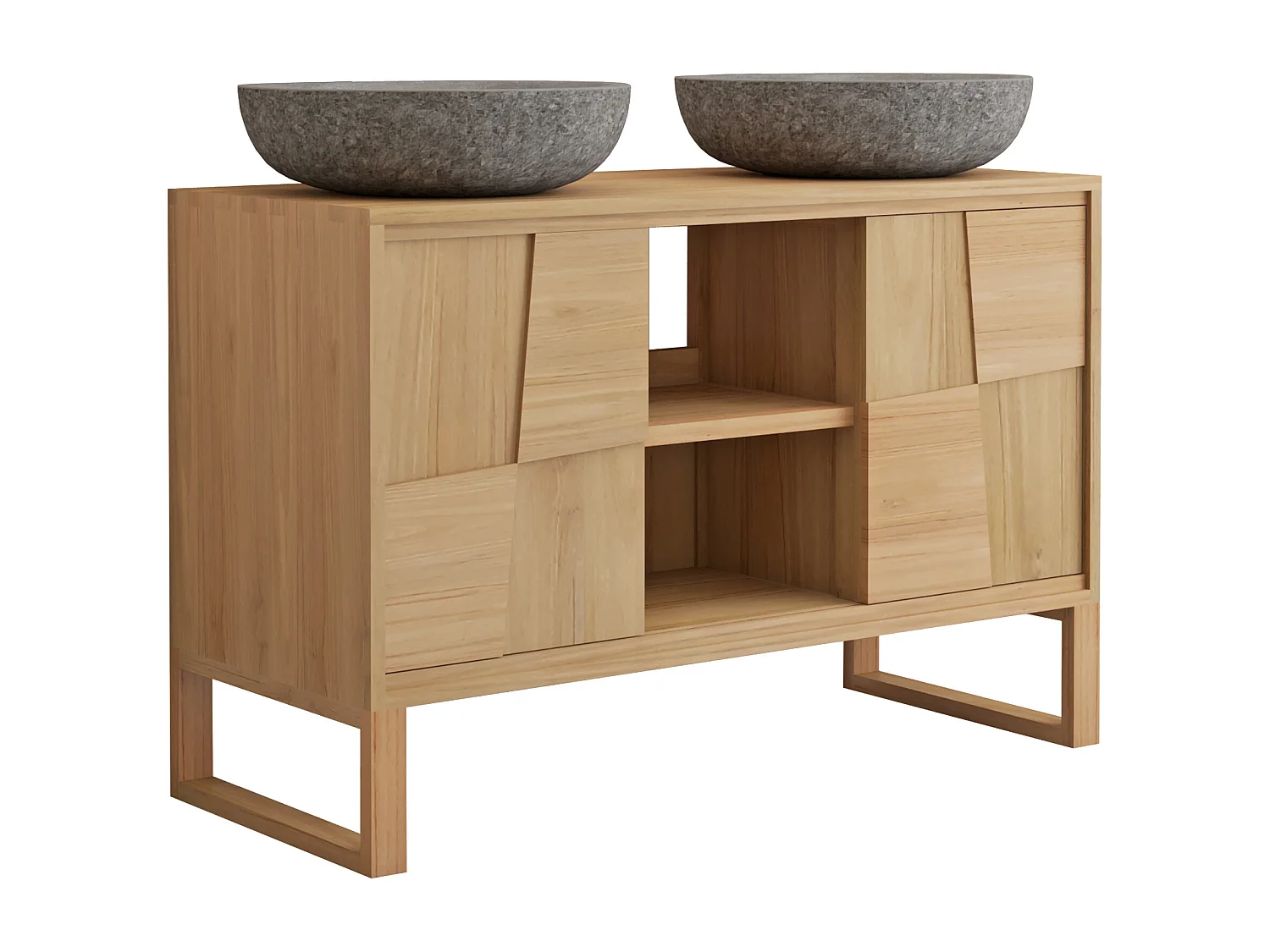 Meuble de salle de bain sur pieds en teck avec vasque à poser ronde en pierre de rivière grise - L120 cm - MATARAM