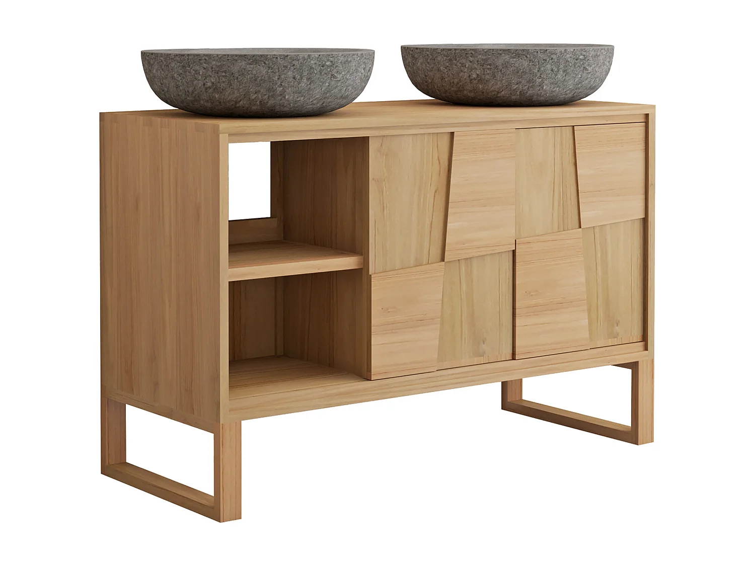 Meuble de salle de bain sur pieds en teck avec vasque à poser ronde en pierre de rivière grise - L120 cm - MATARAM