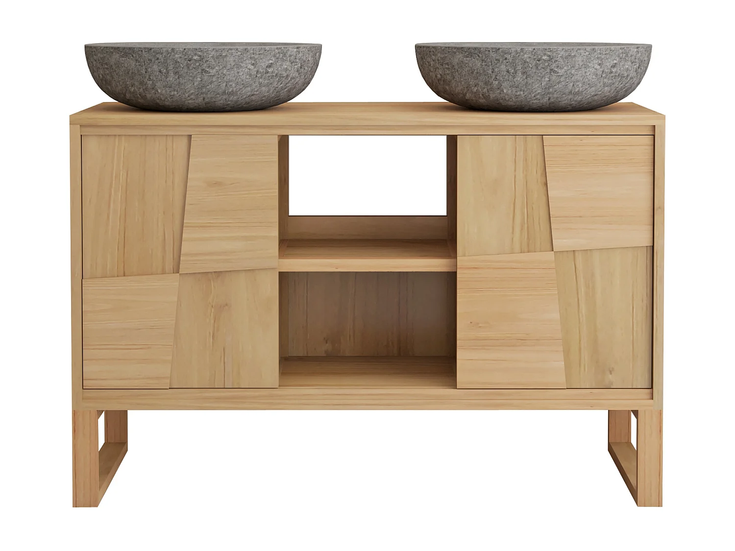 Meuble de salle de bain sur pieds en teck avec vasque à poser ronde en pierre de rivière grise - L120 cm - MATARAM