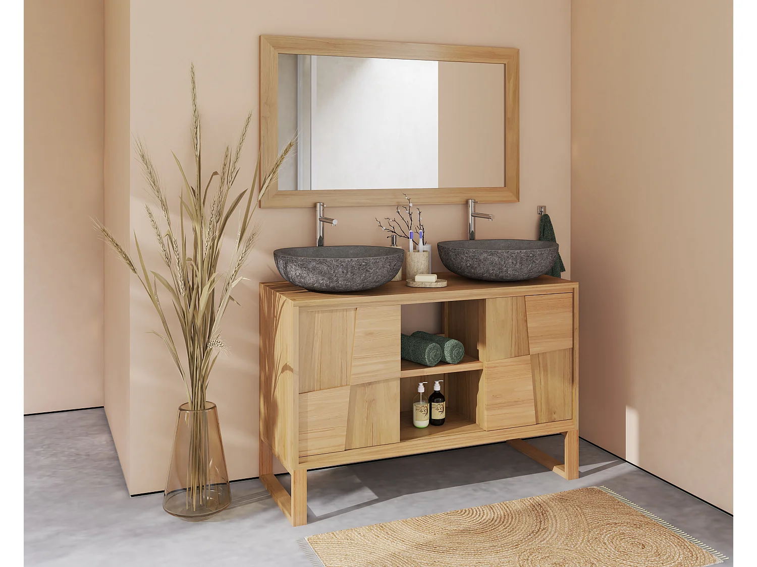 Meuble de salle de bain sur pieds en teck avec vasque à poser ronde en pierre de rivière grise - L120 cm - MATARAM