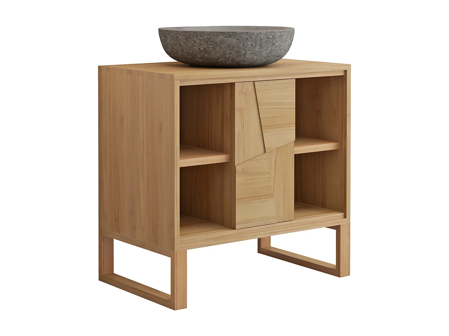 Meuble de salle de bain sur pieds en teck avec vasque à poser ronde en pierre de rivière grise - L80 cm - MATARAM