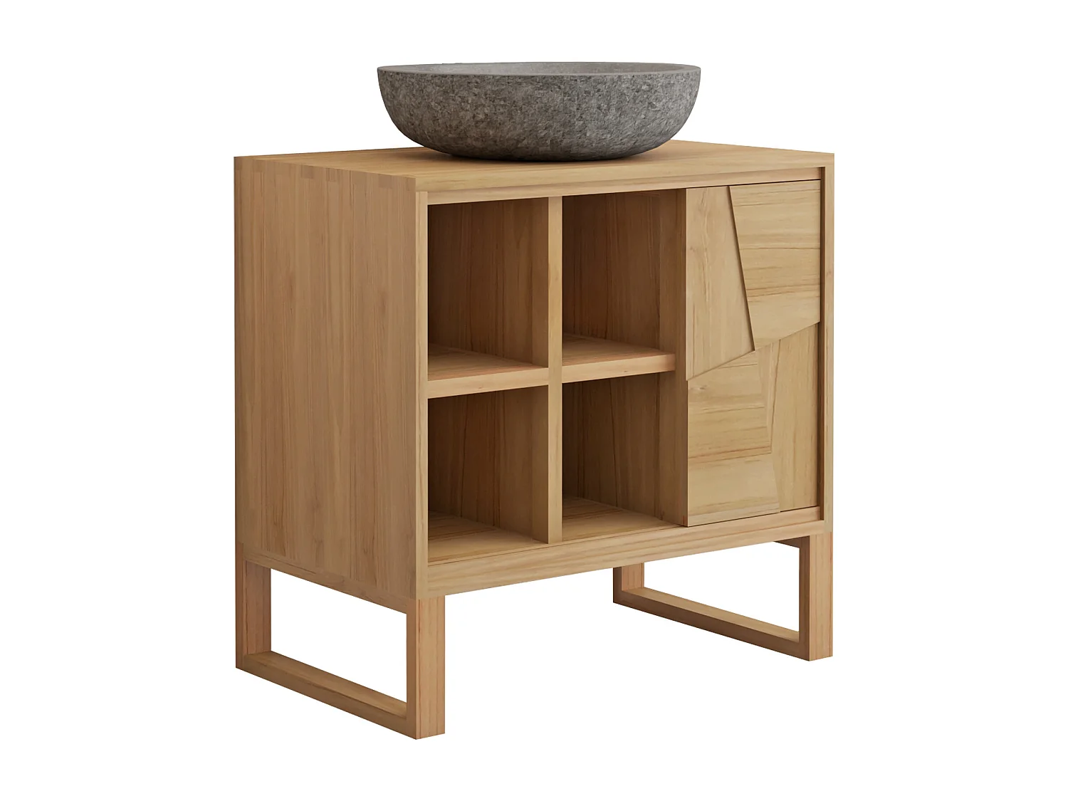 Meuble de salle de bain sur pieds en teck avec vasque à poser ronde en pierre de rivière grise - L80 cm - MATARAM