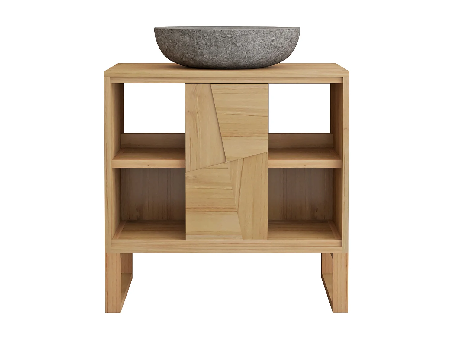 Meuble de salle de bain sur pieds en teck avec vasque à poser ronde en pierre de rivière grise - L80 cm - MATARAM