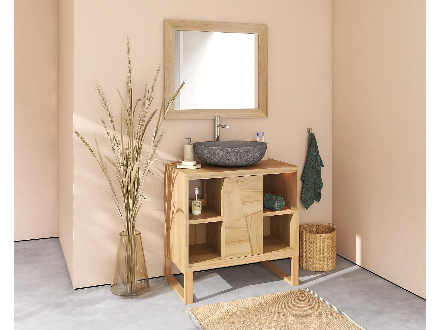 Meuble de salle de bain sur pieds en teck avec vasque à poser ronde en pierre de rivière grise - L80 cm - MATARAM