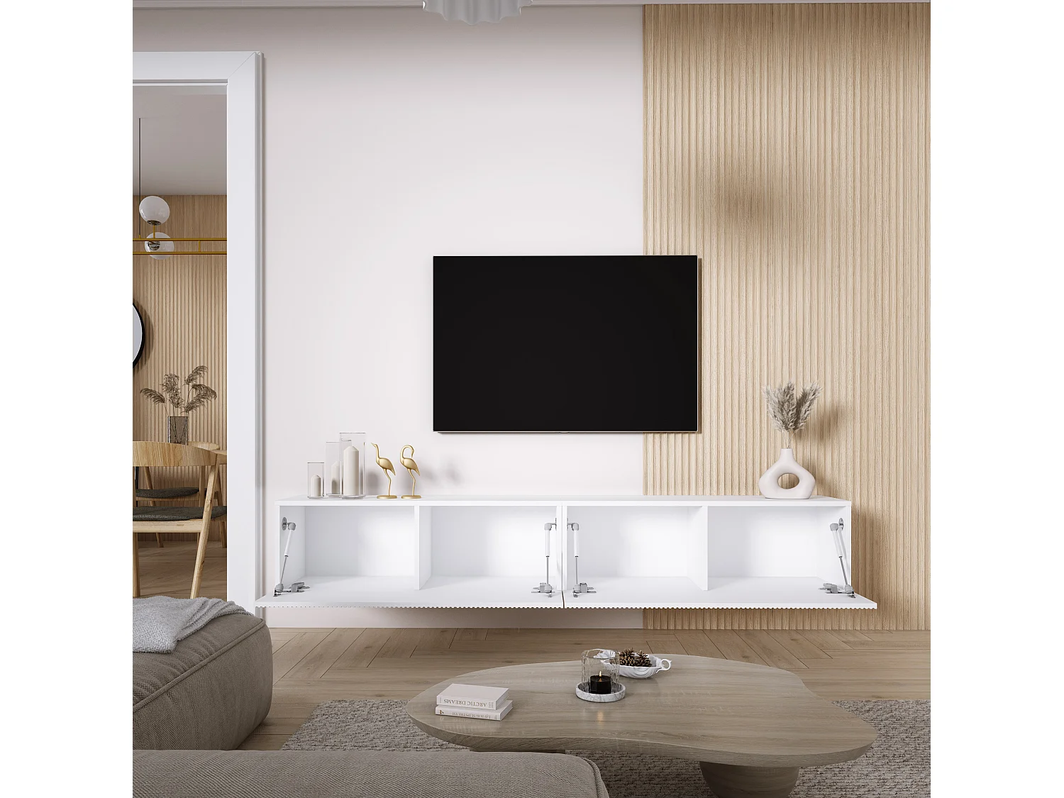TV-Schrank (2 x 100 cm), geriffelte Fronten, Mattweiß, 200 × 32 × 33,6 cm
