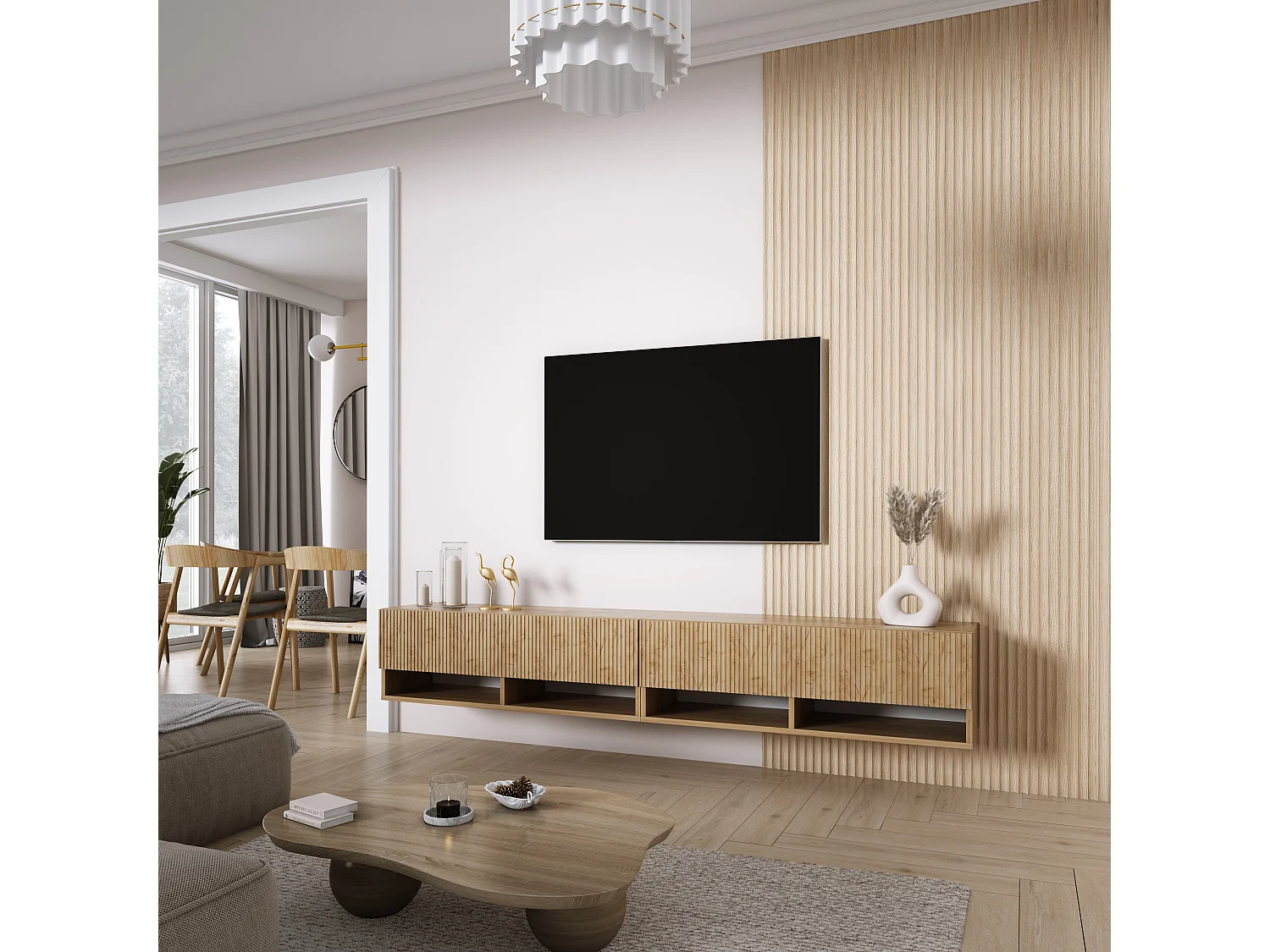 TV-Schrank (2 x 100 cm), geriffelte Fronten, Eiche Craft, 200 × 32 × 33,6 cm