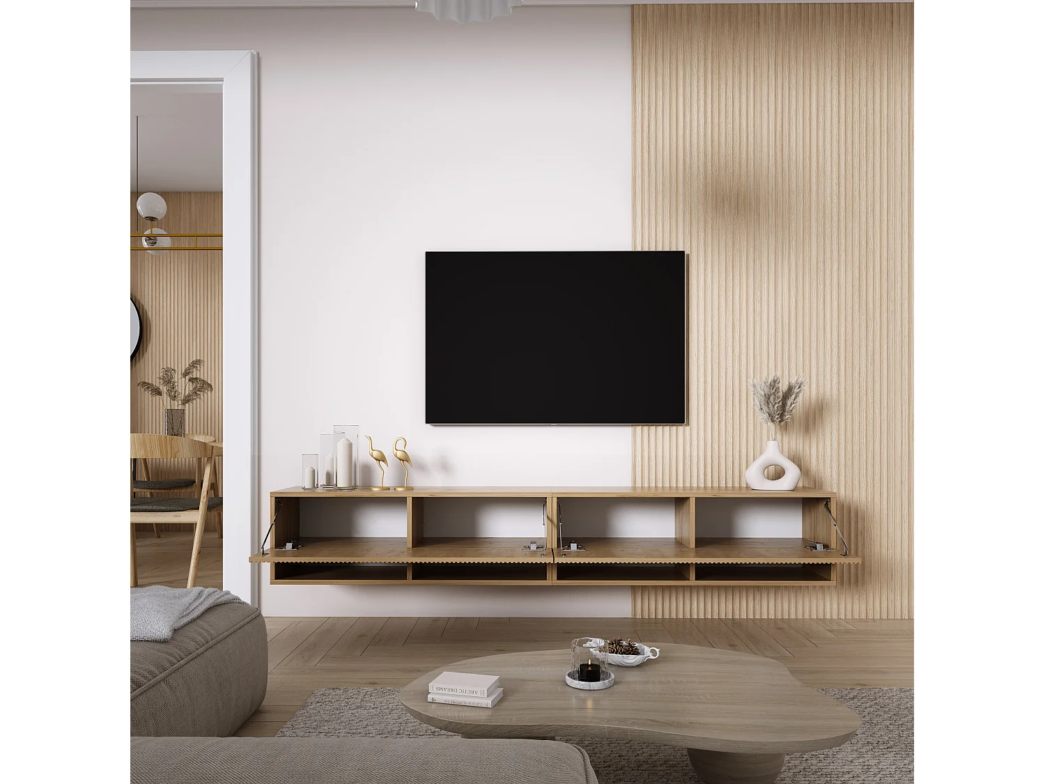 TV-Schrank (2 x 100 cm), geriffelte Fronten, Eiche Craft, 200 × 32 × 33,6 cm
