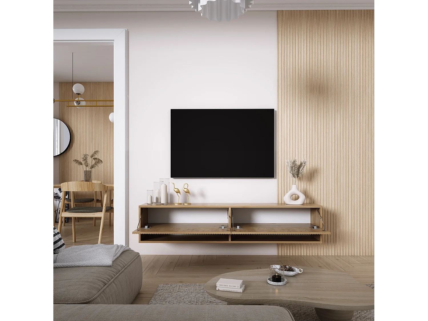 TV-Schrank mit geriffelte Fronten, Eiche Craft, 170 × 32 × 33,6 cm