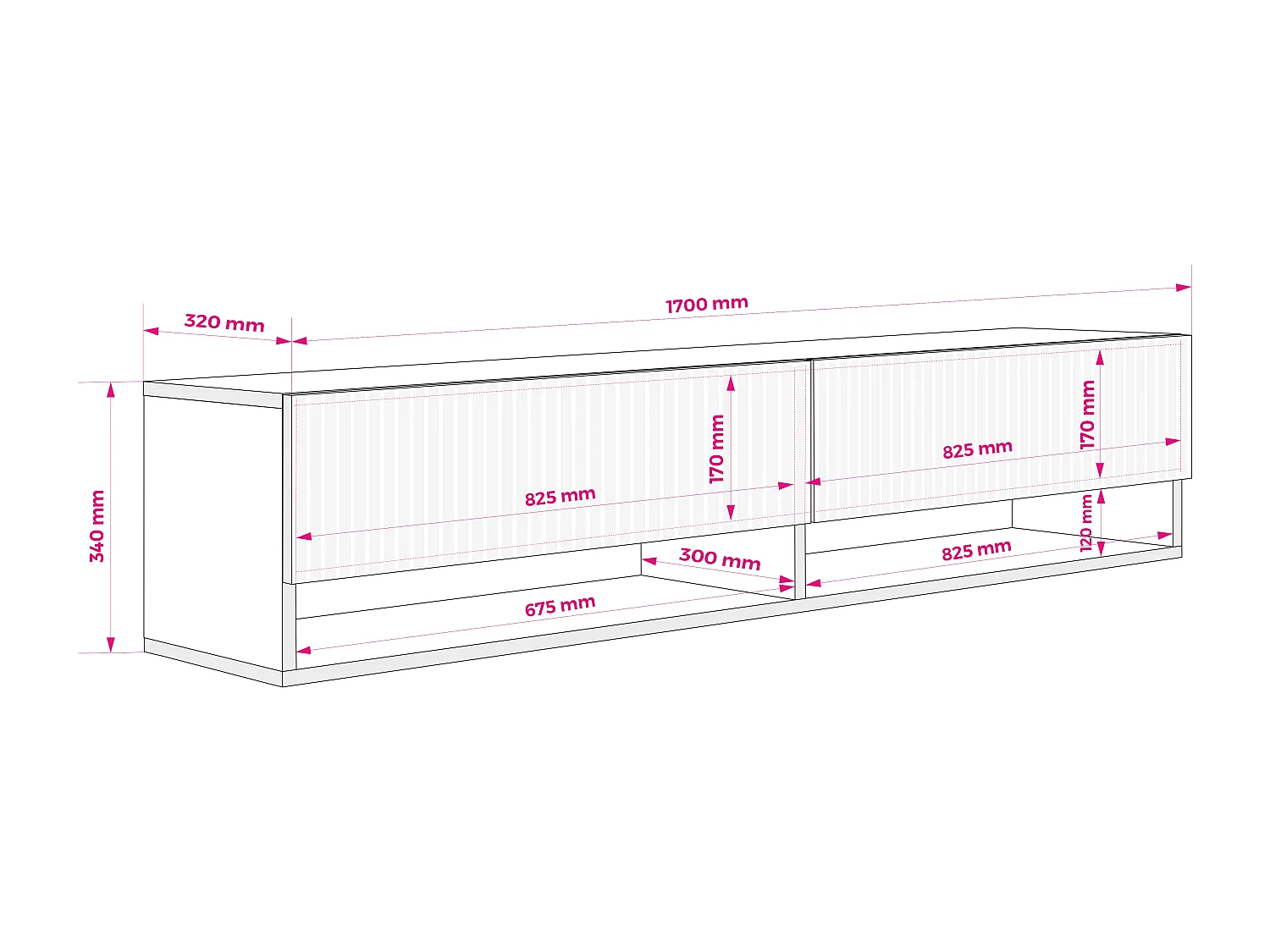 TV-Schrank mit geriffelte Fronten, Eiche Craft, 170 × 32 × 33,6 cm