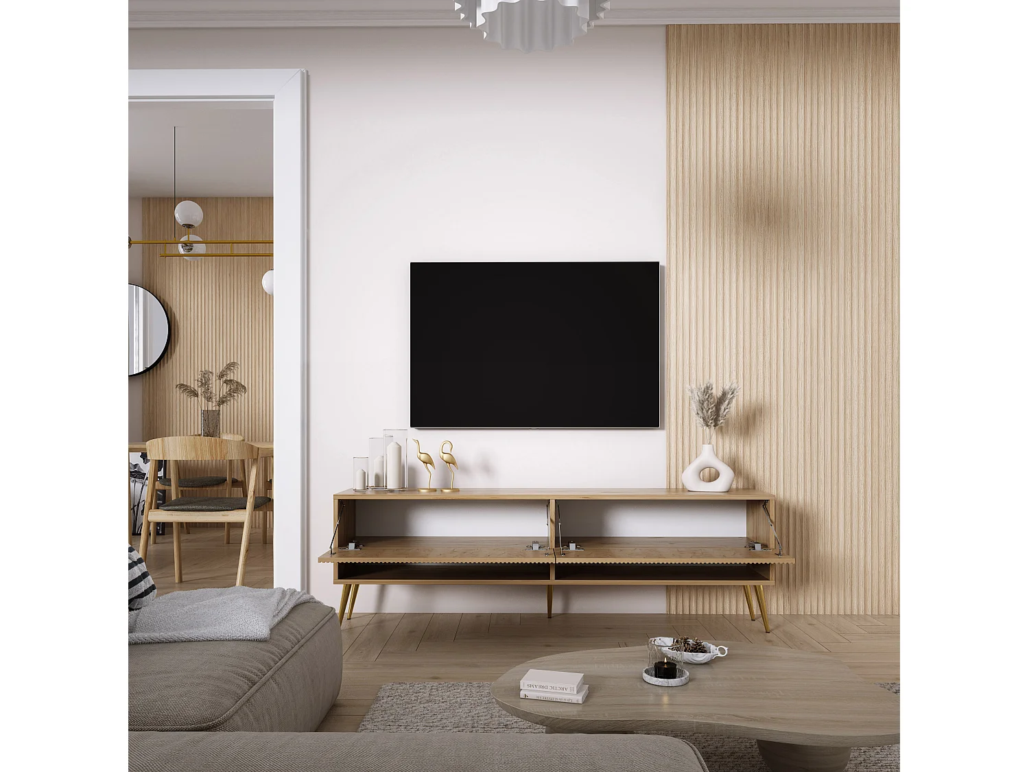 TV-Schrank mit geriffelte Fronten, Eiche Craft, goldfarbene, schräge Beine, 170 × 32 × 52 cm