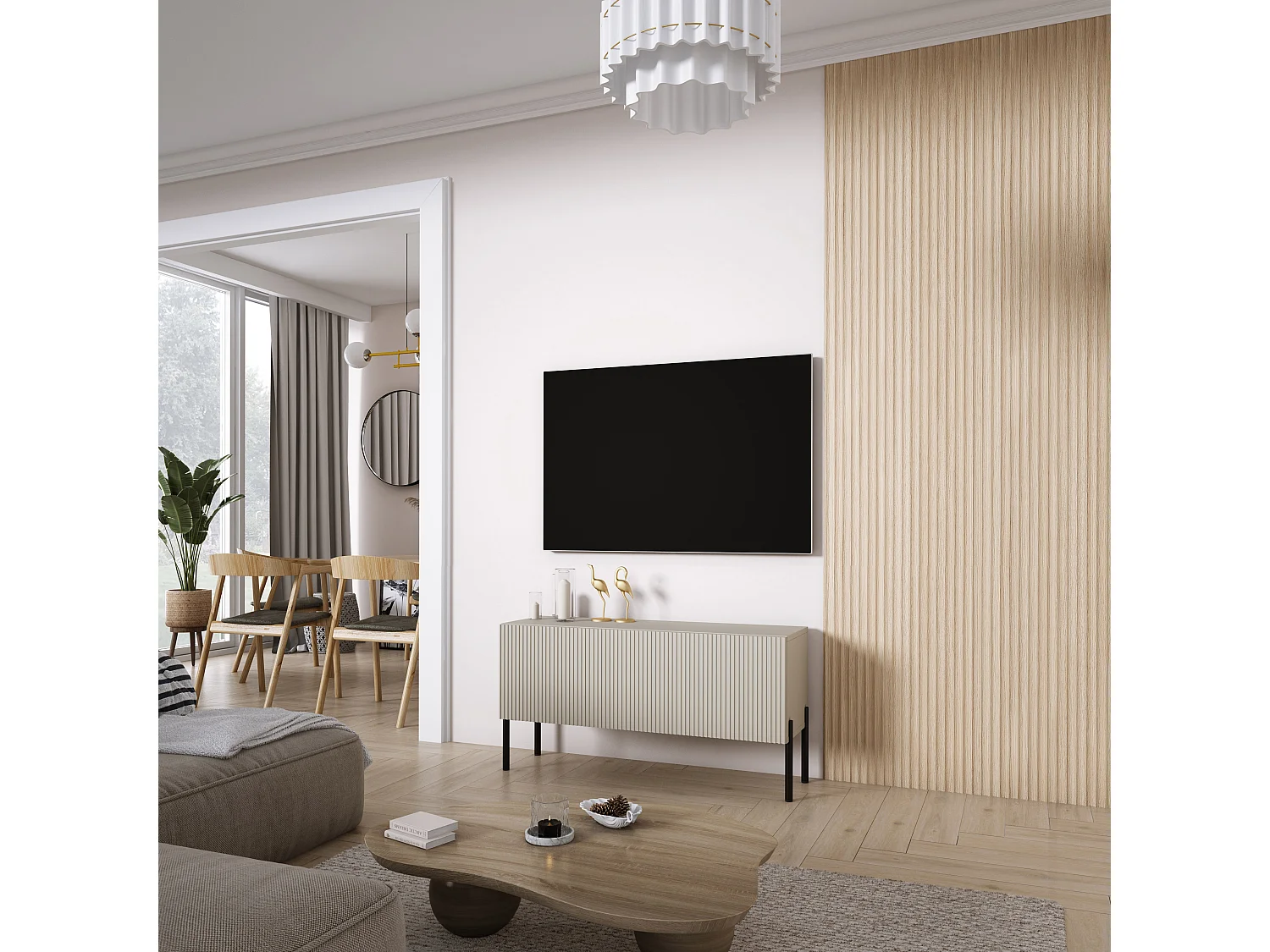 TV-meubel met gegroefd front 100, Kasjmier, rechte zwarte poten, 100 × 32 × 52 cm