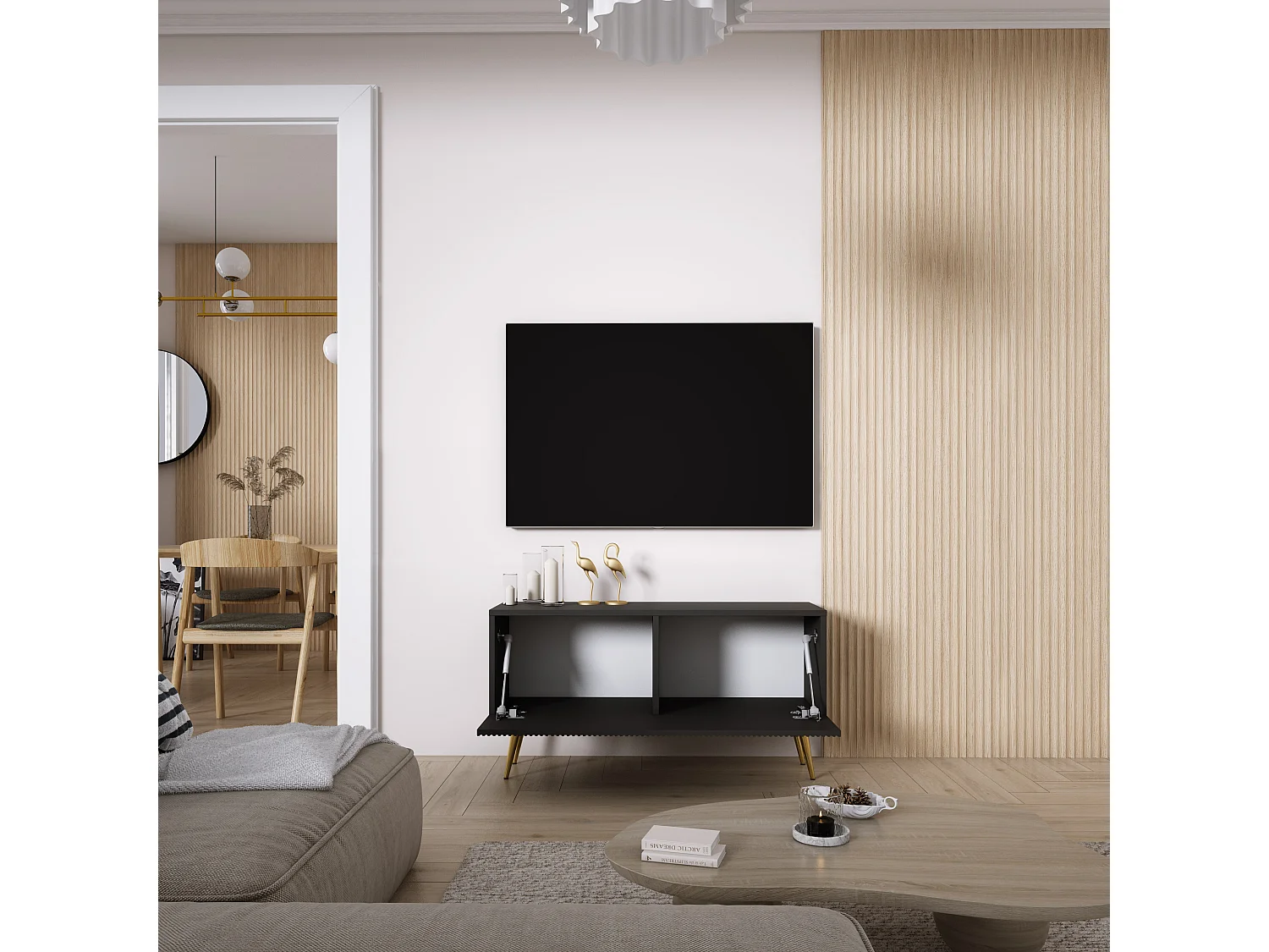 TV-Schrank mit geriffelter Front, Mattschwarz, goldfarbene, schräge Beine, 100 × 32 × 52 cm