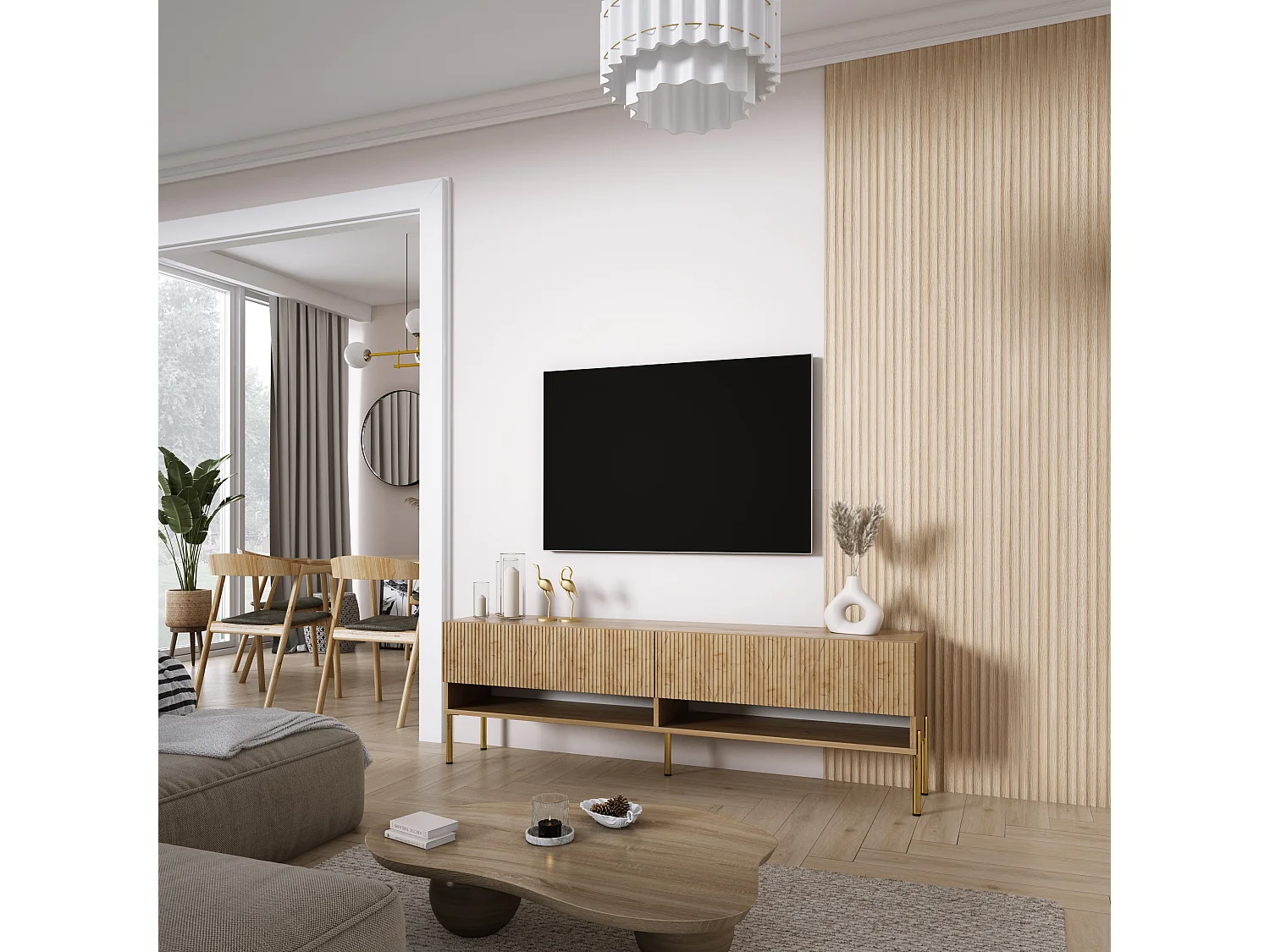 Mueble TV, frentes ranurados, Roble Craft, patas rectas doradas, 170 × 32 × 52 cm