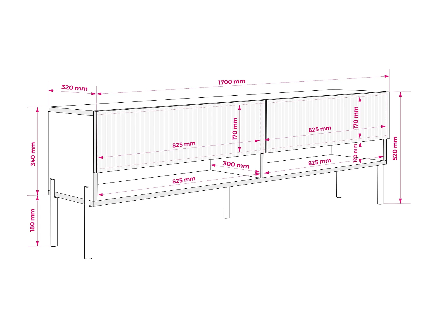 Mueble TV, frentes ranurados, Roble Craft, patas rectas doradas, 170 × 32 × 52 cm