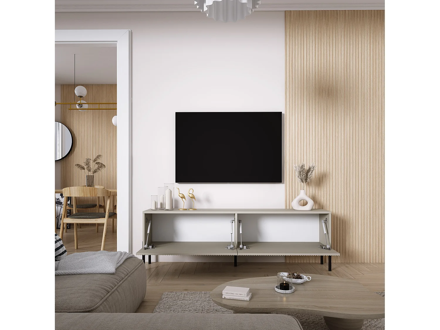 Mueble TV, frentes ranurados, Cachemira, patas rectas negras, 170 × 32 × 52 cm