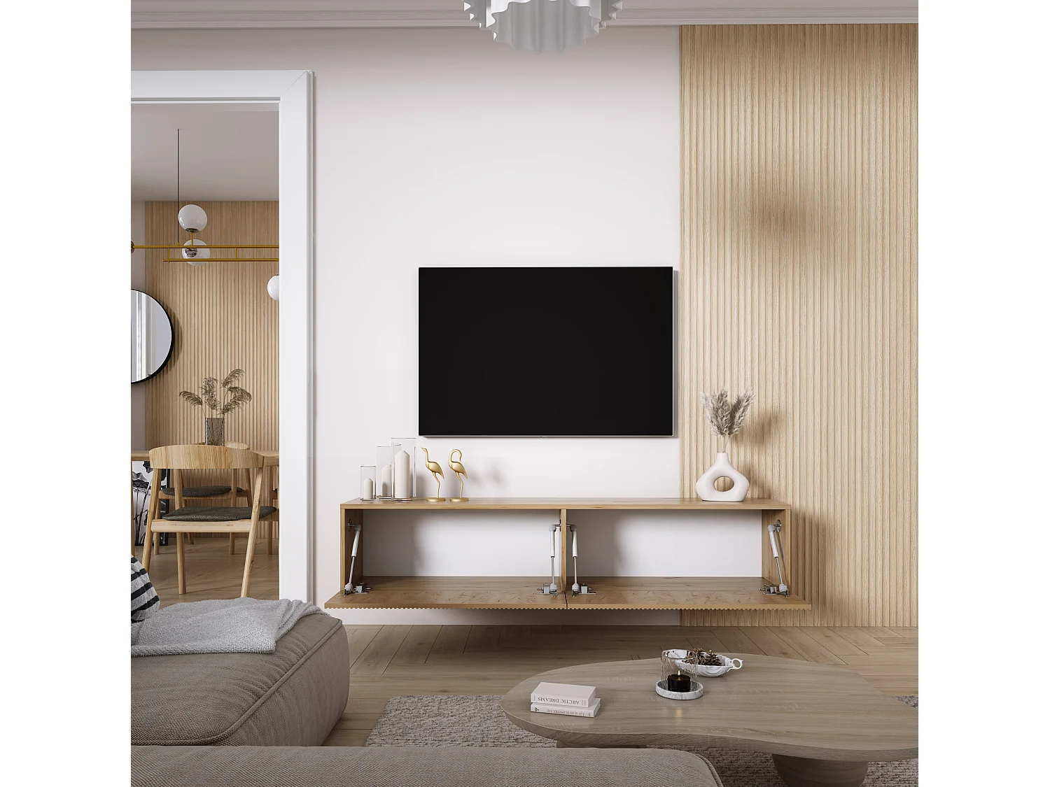 TV-Schrank mit geriffelte Fronten, Eiche Craft, 170 × 32 × 33,6 cm