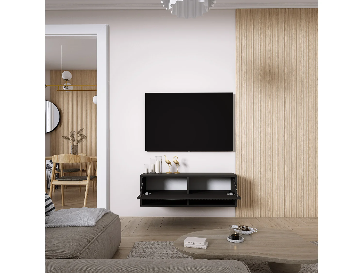 TV-Schrank mit geriffelter Front, Mattschwarz, 100 × 32 × 33,6 cm