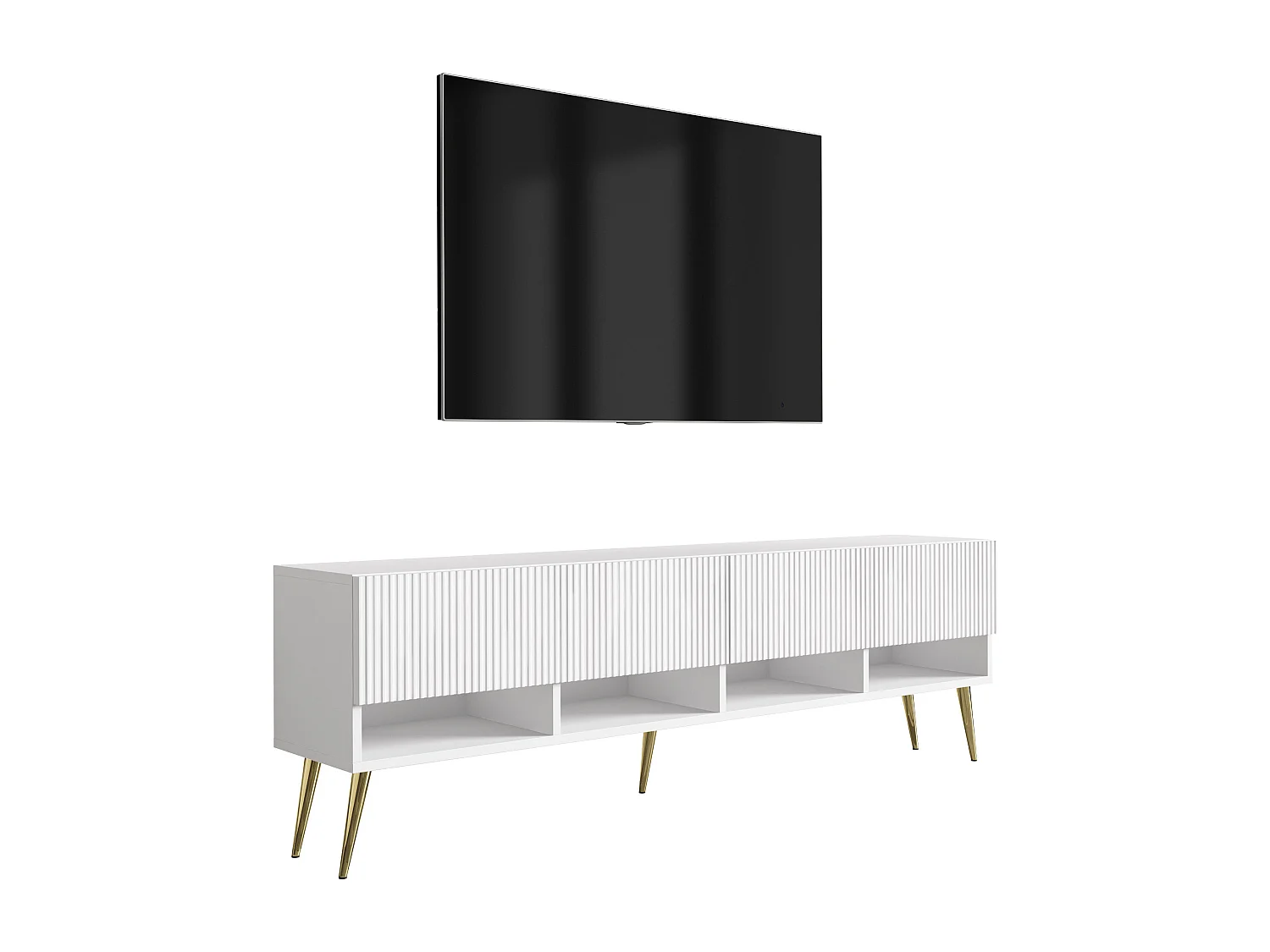 TV-Schrank mit geriffelte Fronten, Mattweiß, goldfarbene, schräge Beine, 170 × 32 × 52 cm
