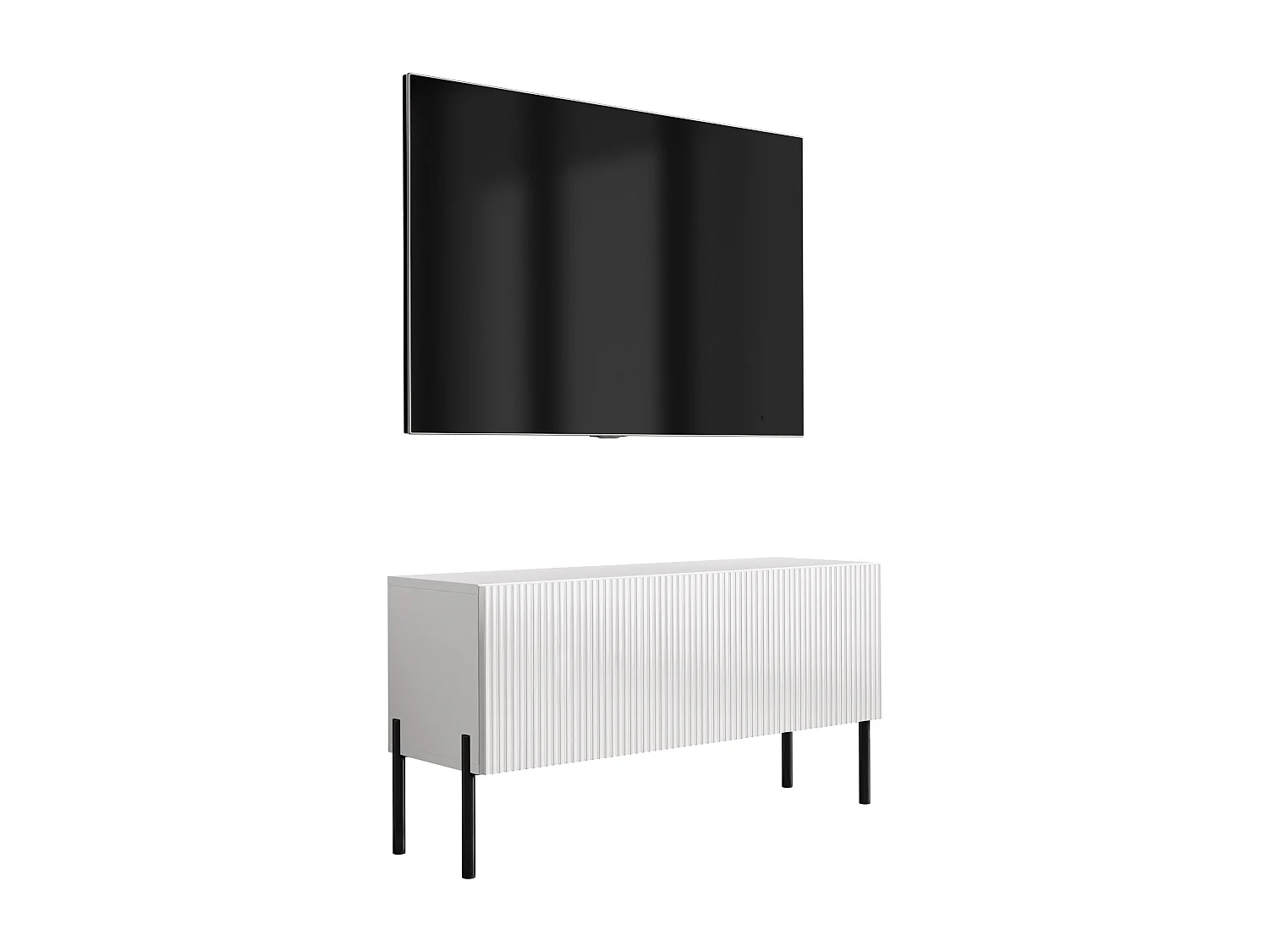 TV-Schrank mit geriffelter Front, Mattweiß, gerade schwarze Beine, 100 × 32 × 52 cm