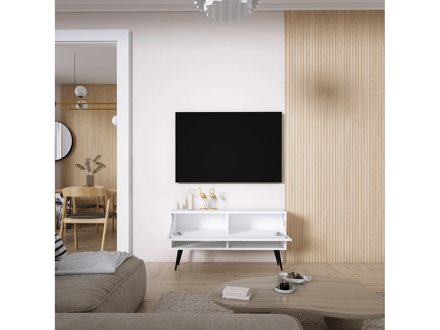 TV-Schrank mit geriffelter Front, Mattweiß, schwarze, schräge Beine, 100 × 32 × 52 cm