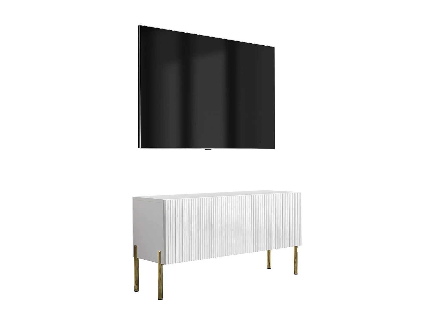 TV-Schrank mit geriffelter Front, Mattweiß, gerade goldene Beine, 100 × 32 × 52 cm