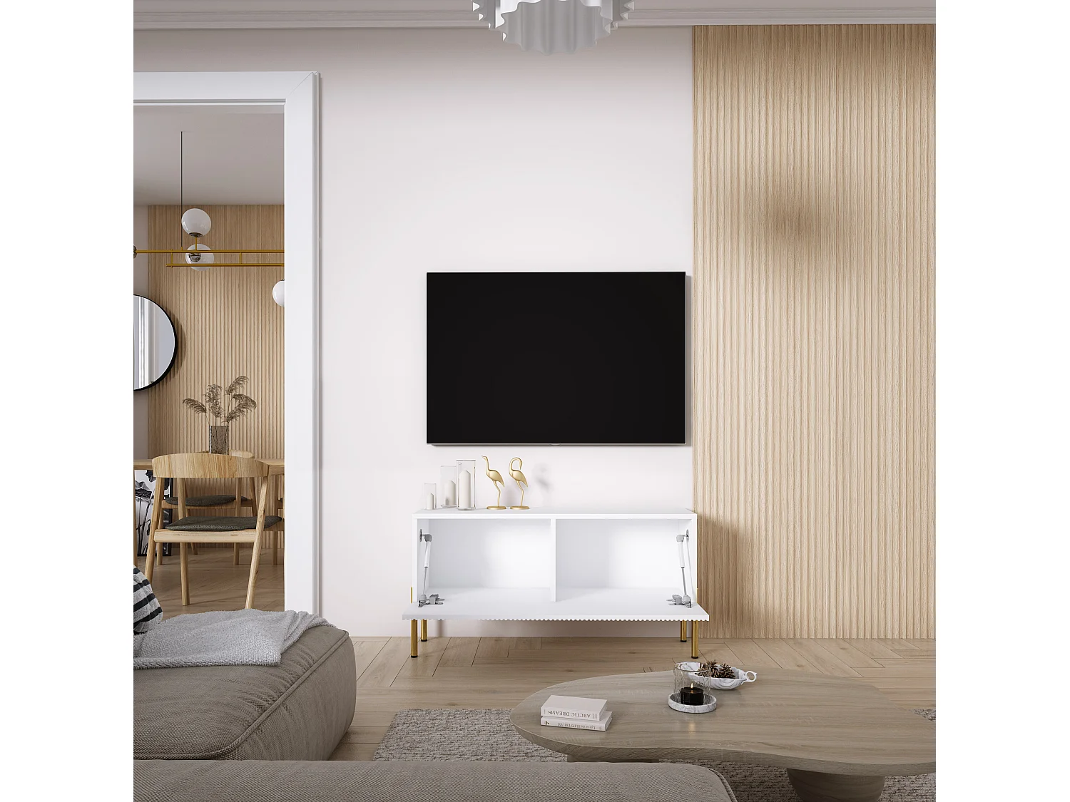 TV-Schrank mit geriffelter Front, Mattweiß, gerade goldene Beine, 100 × 32 × 52 cm