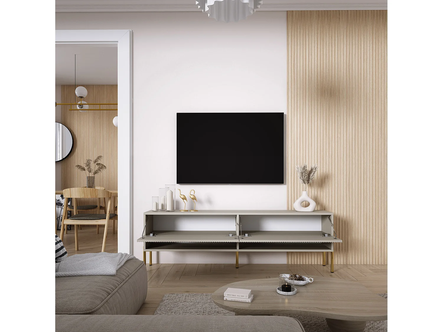 TV-Schrank mit geriffelte Fronten, Kaschmir, gerade goldene Beine, 170 × 32 × 52 cm