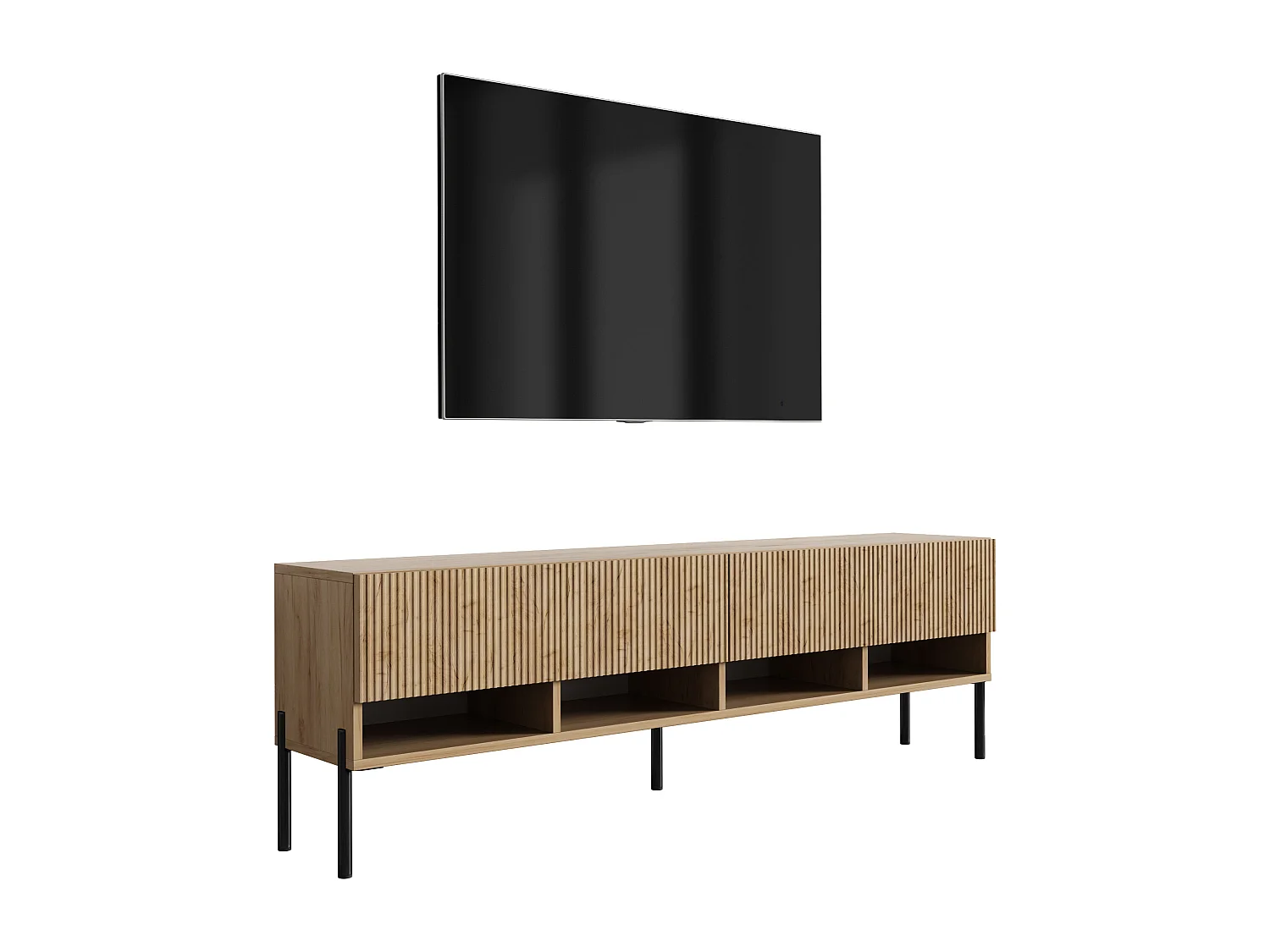 TV-Schrank mit geriffelte Fronten, Eiche Craft, gerade schwarze Beine, 170 × 32 × 52 cm