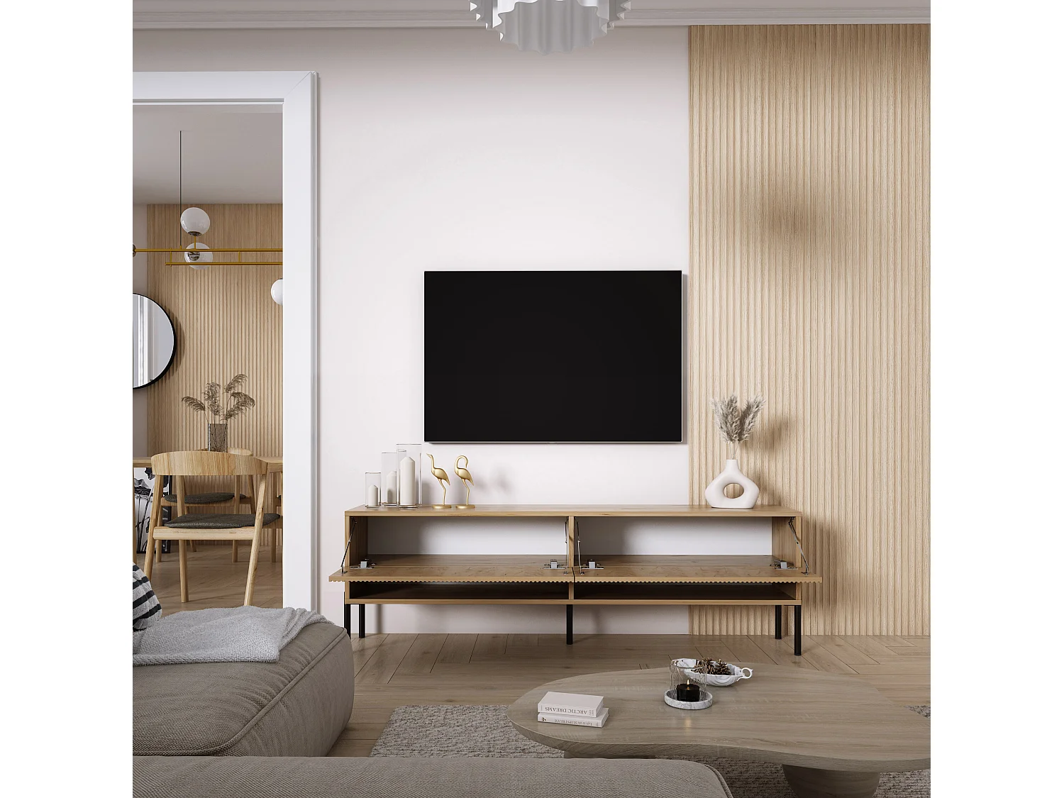 TV-Schrank mit geriffelte Fronten, Eiche Craft, gerade schwarze Beine, 170 × 32 × 52 cm