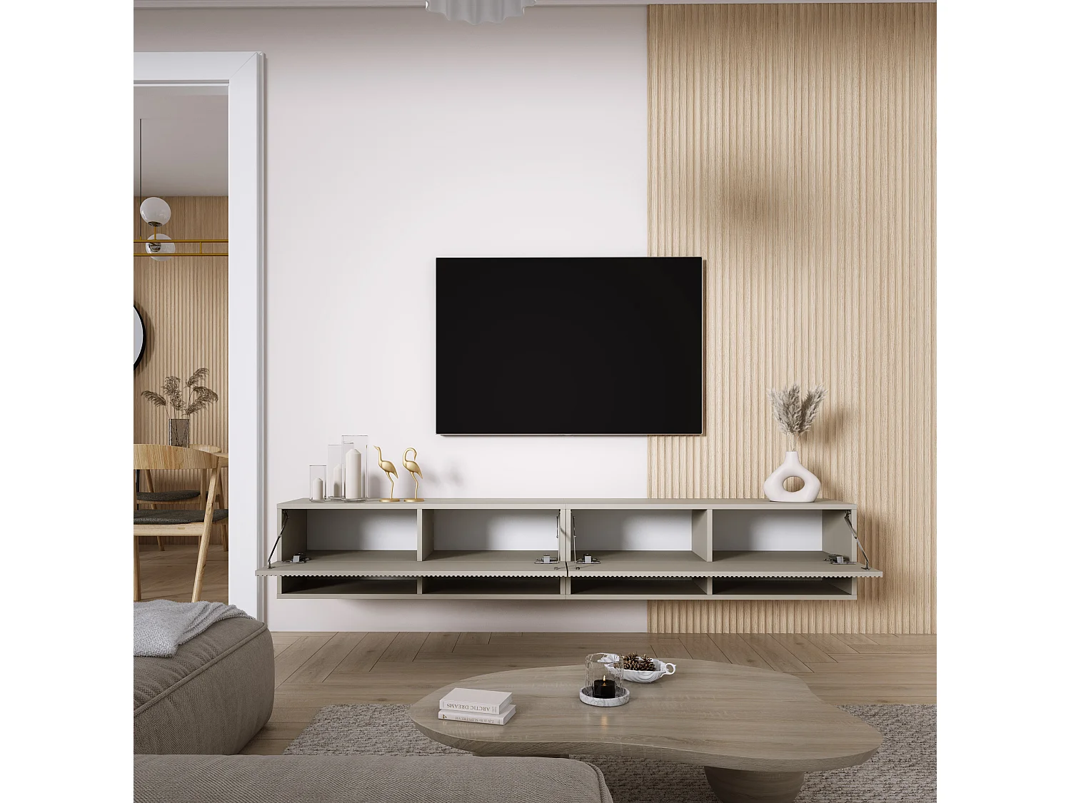 TV-Schrank (2 x 100 cm), geriffelte Fronten, Kaschmir, 200 × 32 × 33,6 cm