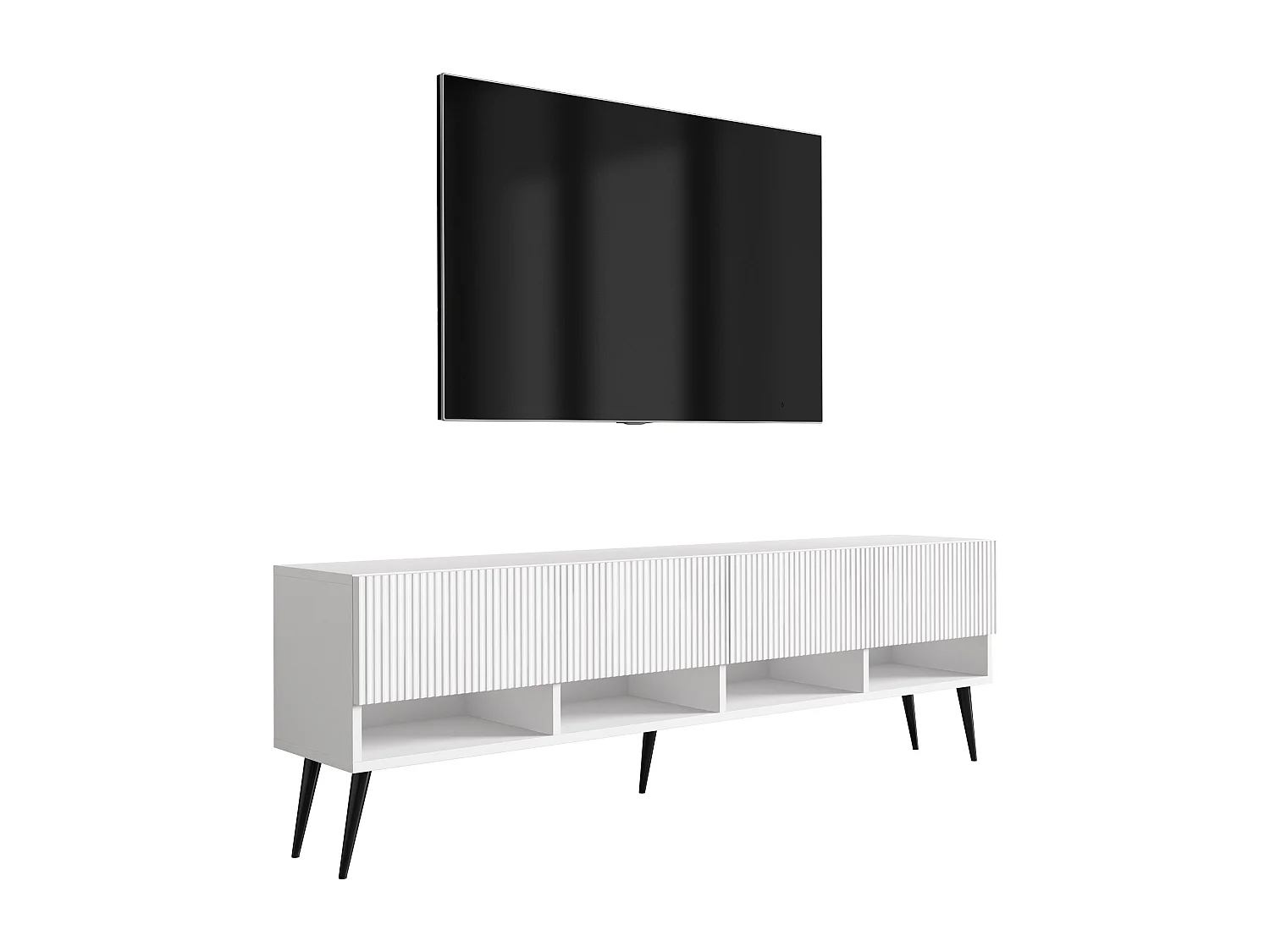 TV-Schrank mit geriffelte Fronten, Mattweiß, schwarze, schräge Beine, 170 × 32 × 52 cm