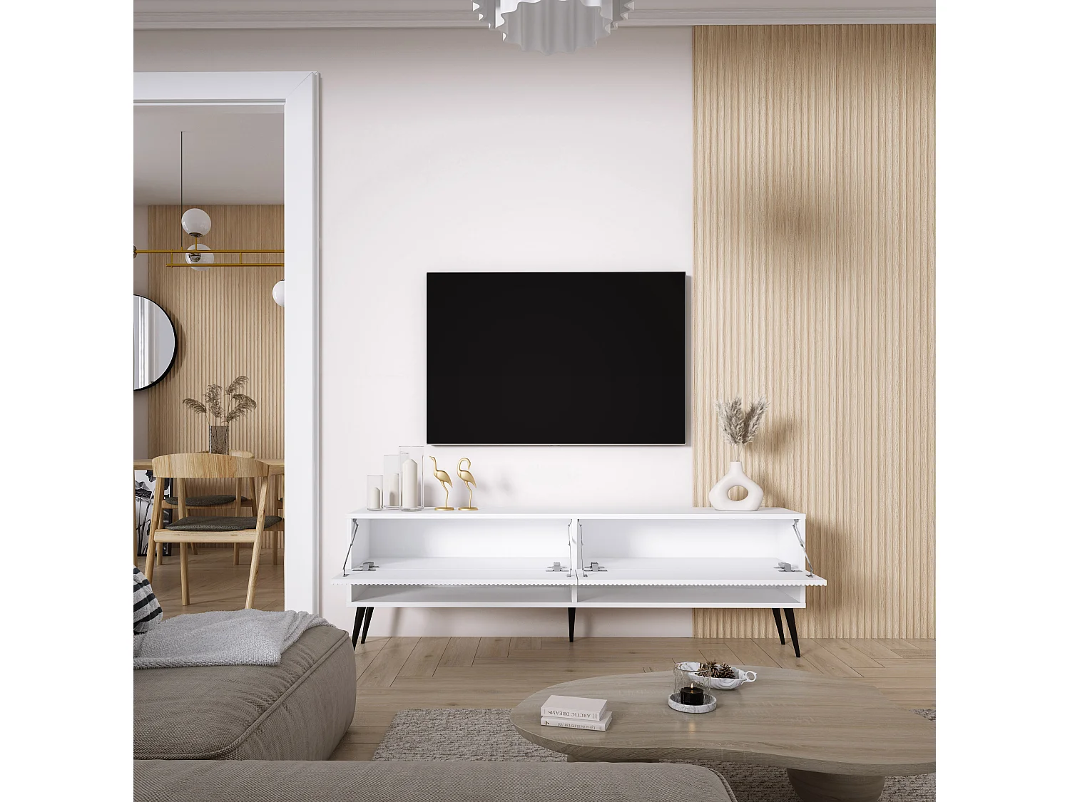 TV-Schrank mit geriffelte Fronten, Mattweiß, schwarze, schräge Beine, 170 × 32 × 52 cm