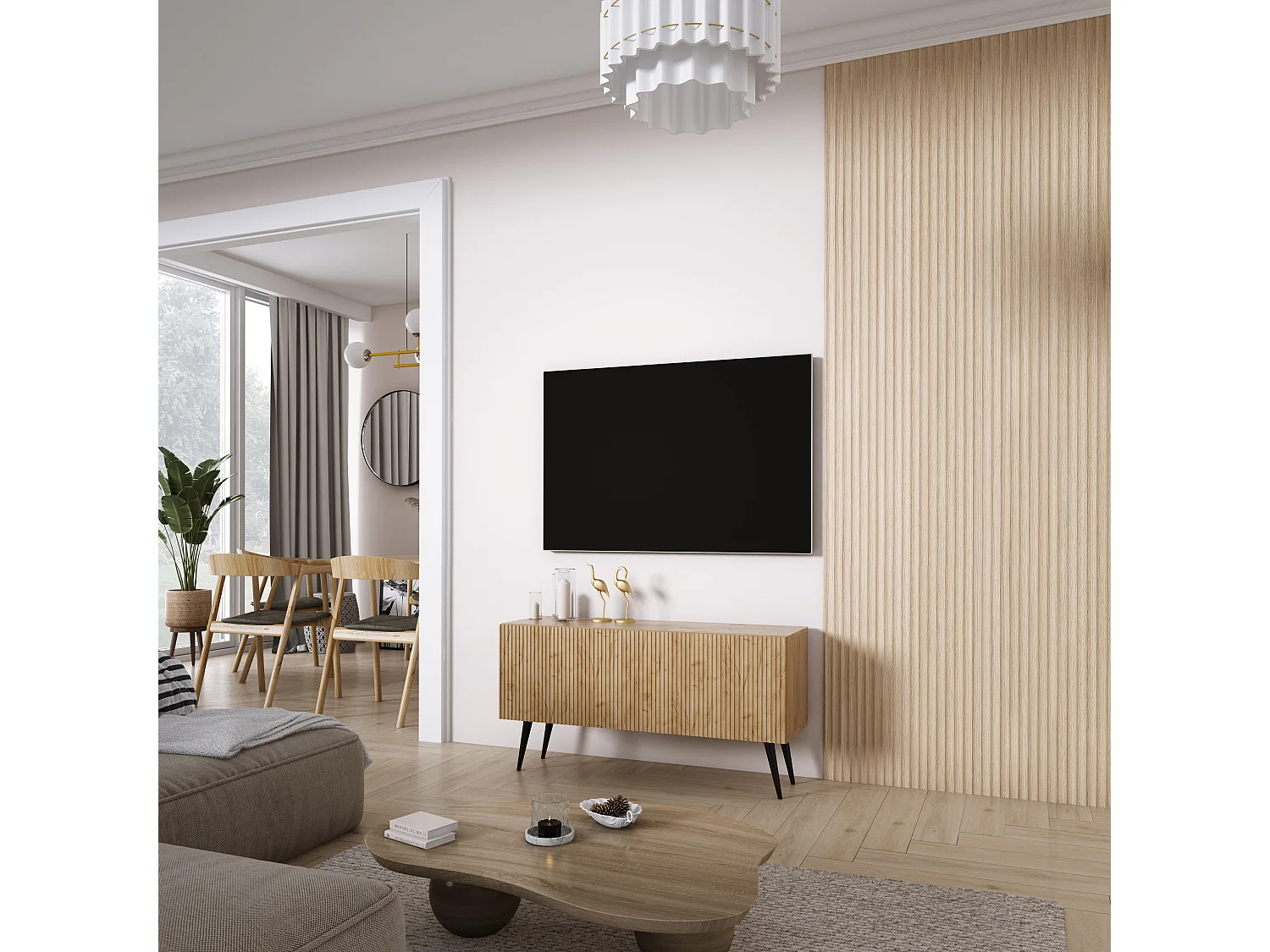 TV-Schrank mit geriffelter Front, Eiche Craft, schwarze, schräge Beine, 100 × 32 × 52 cm