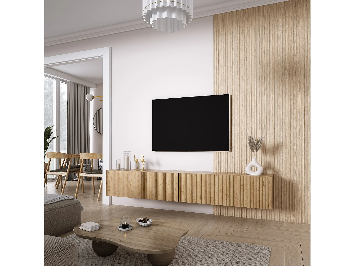 TV-Schrank (2 x 100 cm), geriffelte Fronten, Eiche Craft, 200 × 32 × 33,6 cm