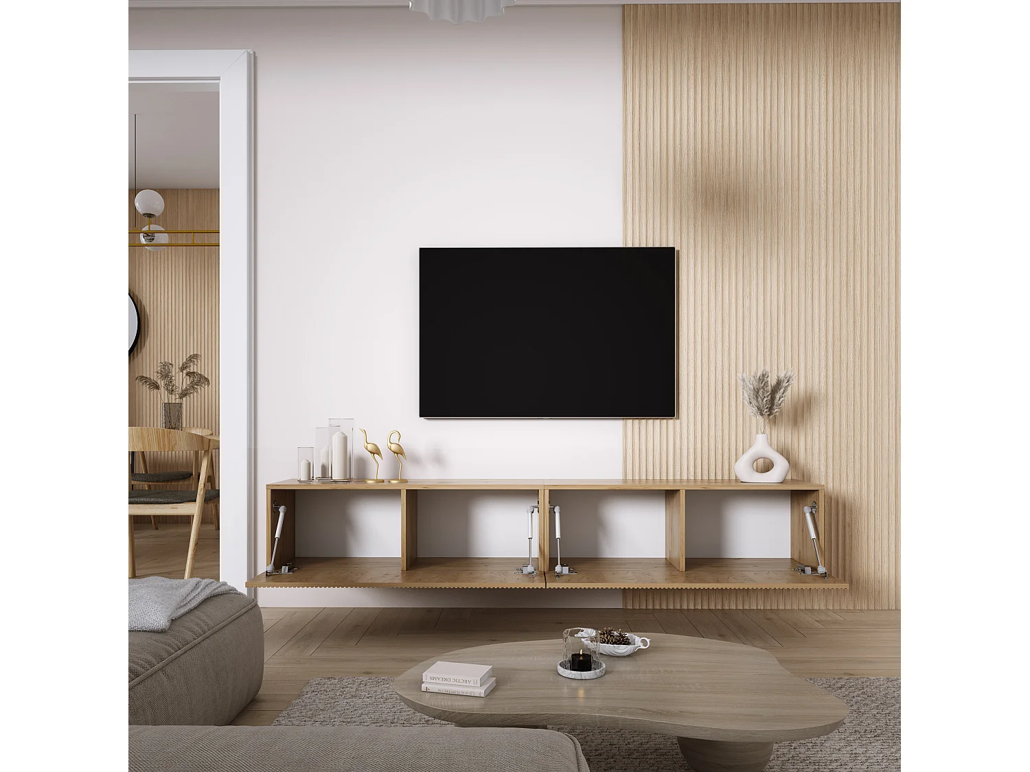 TV-Schrank (2 x 100 cm), geriffelte Fronten, Eiche Craft, 200 × 32 × 33,6 cm