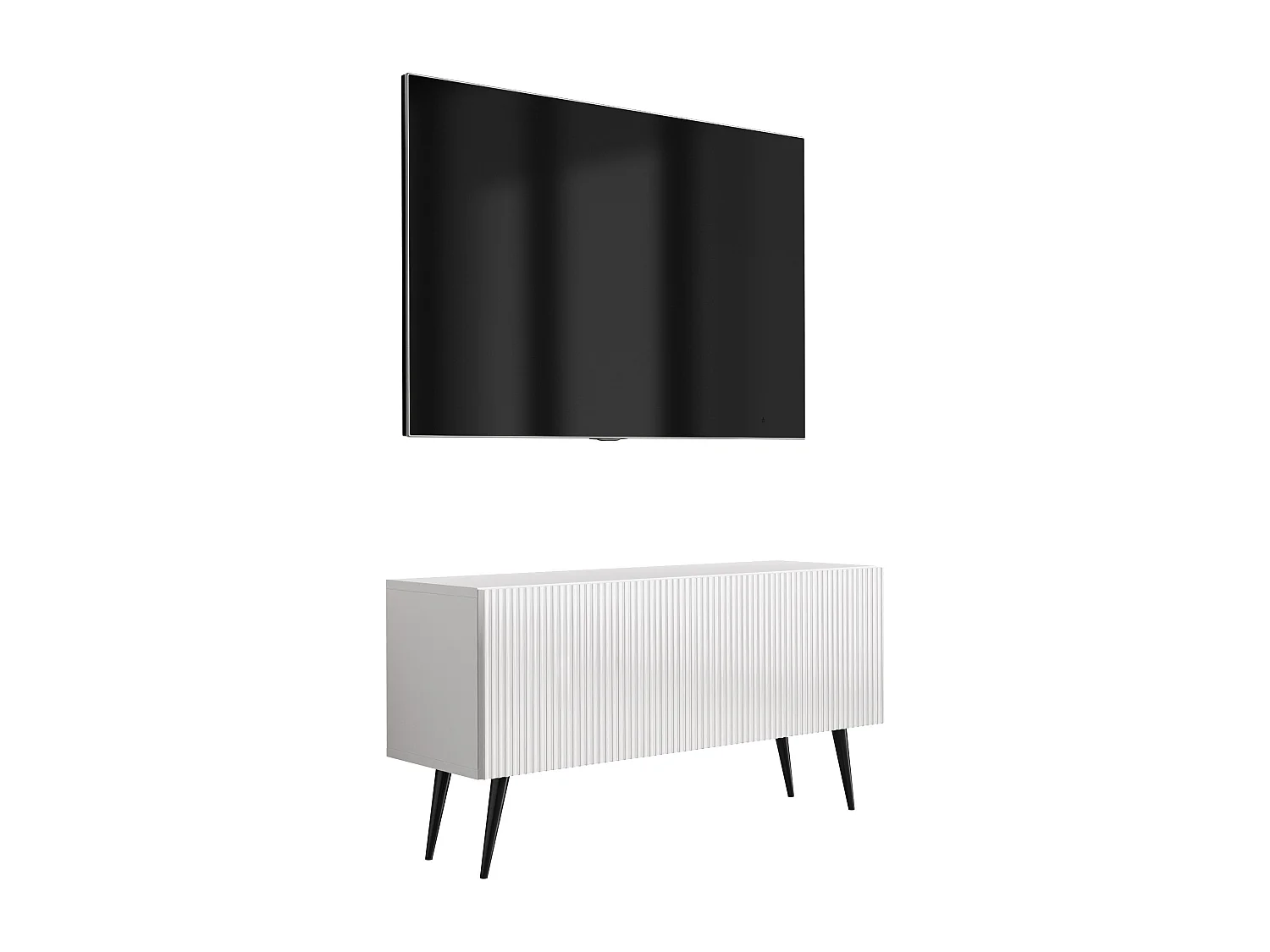 Szafka pod telewizor z ryflowanym frontem 100, Biały Mat, nóżki pochyłe czarne, 100 × 32 × 52 cm