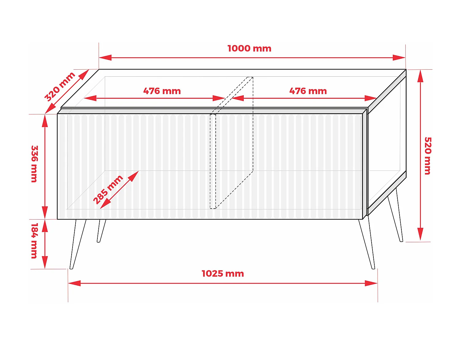 Szafka pod telewizor z ryflowanym frontem 100, Biały Mat, nóżki pochyłe czarne, 100 × 32 × 52 cm