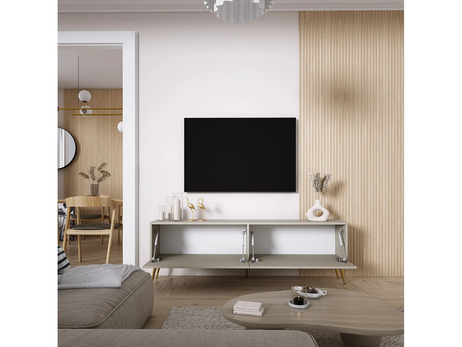 Meuble TV avec façades rainurées, Cachemire, pieds inclinés dorés, 170 × 32 × 52 cm