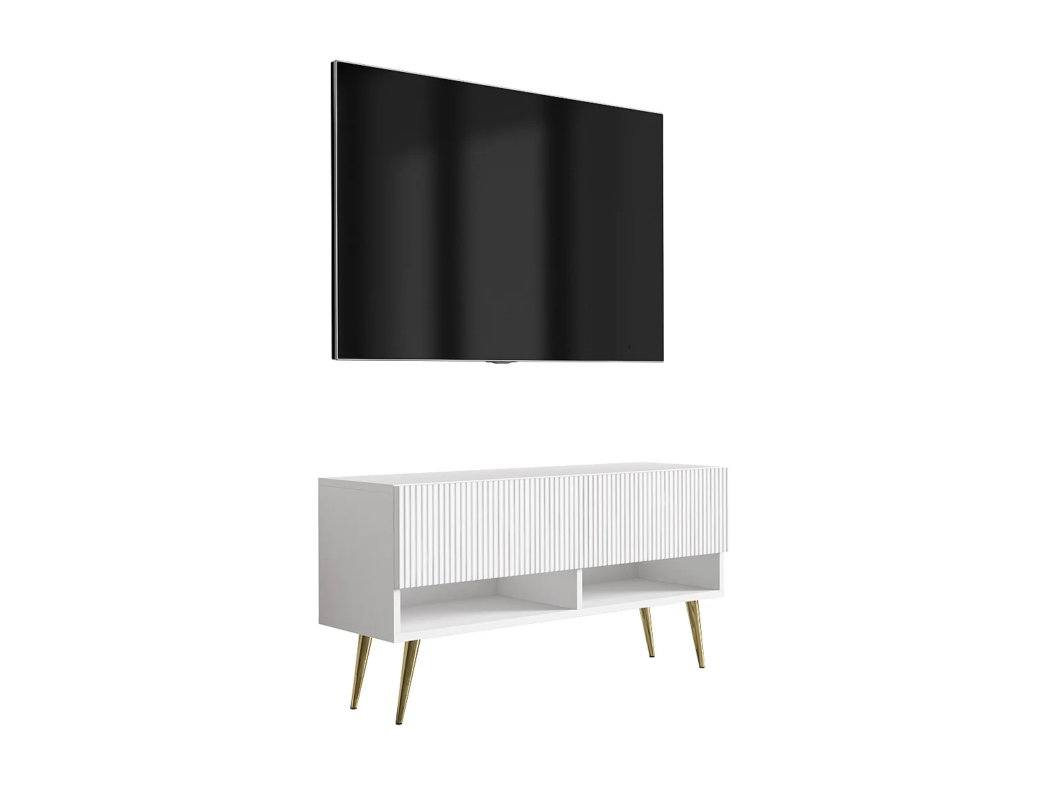 TV-Schrank mit geriffelter Front, Mattweiß, goldfarbene, schräge Beine, 100 × 32 × 52 cm
