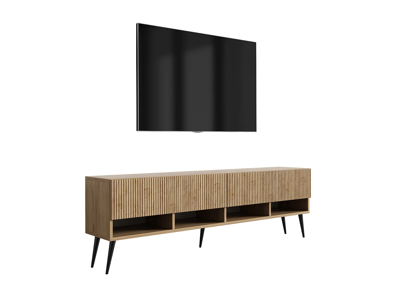 TV-Schrank mit geriffelte Fronten, Eiche Craft, schwarze, schräge Beine, 170 × 32 × 52 cm