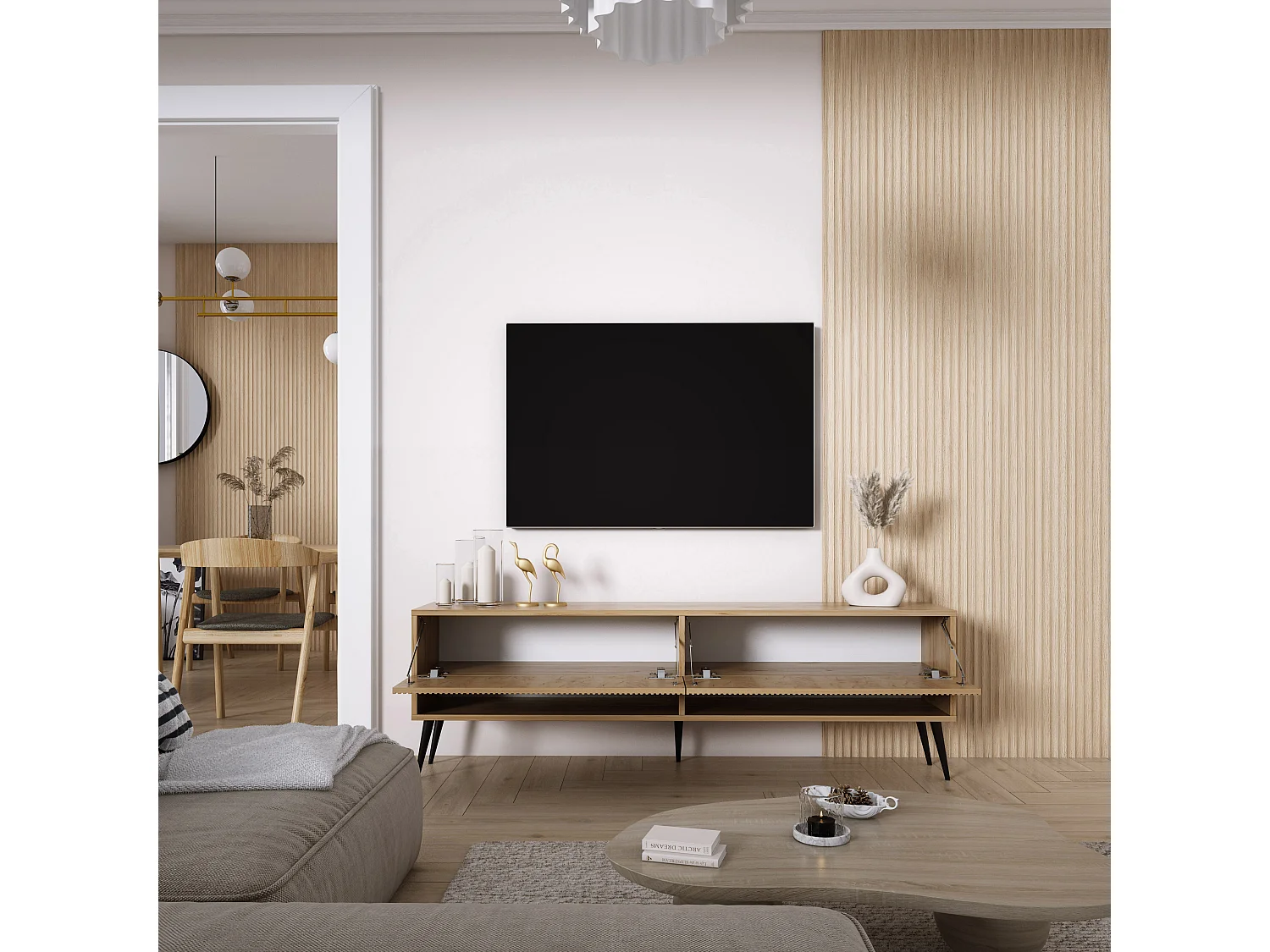 TV-Schrank mit geriffelte Fronten, Eiche Craft, schwarze, schräge Beine, 170 × 32 × 52 cm