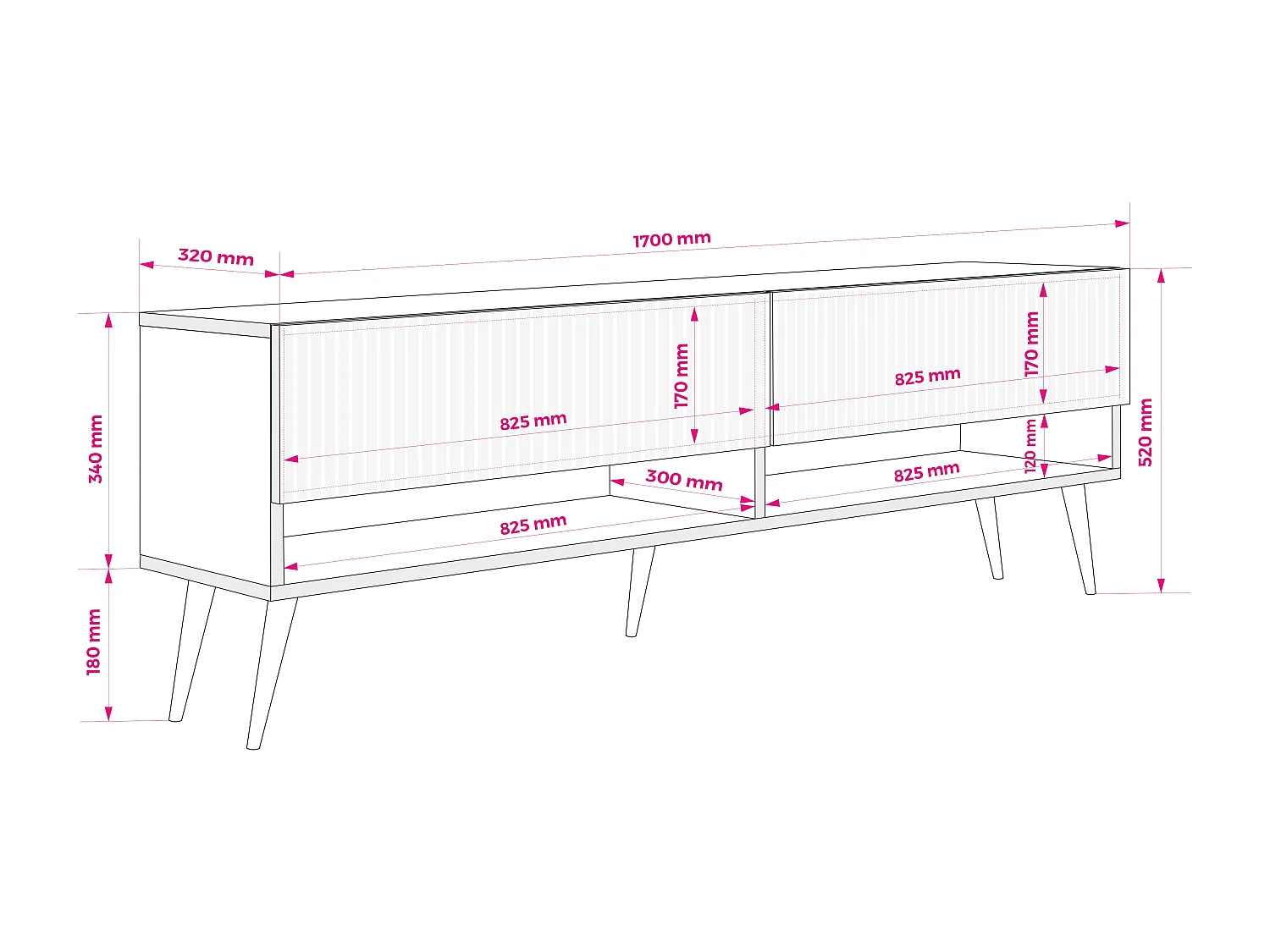 TV-Schrank mit geriffelte Fronten, Eiche Craft, schwarze, schräge Beine, 170 × 32 × 52 cm