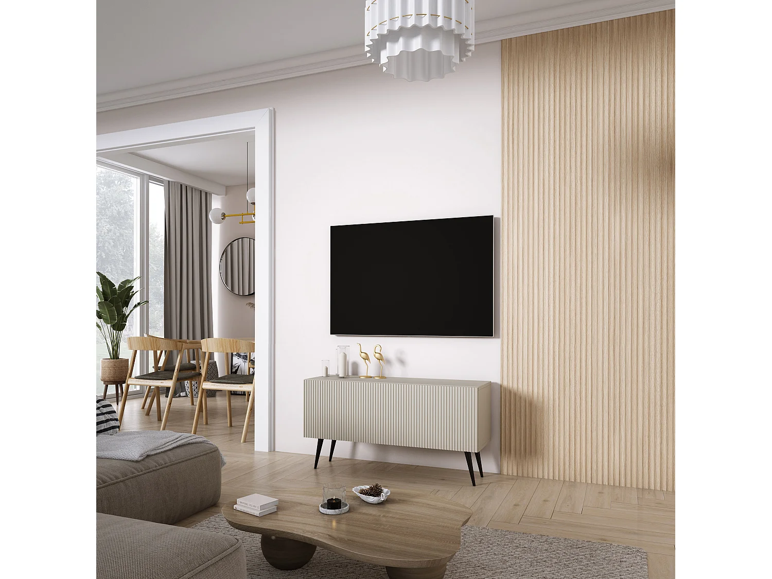 TV-meubel met gegroefd front 100, Kasjmier, zwarte schuine poten, 100 × 32 × 52 cm