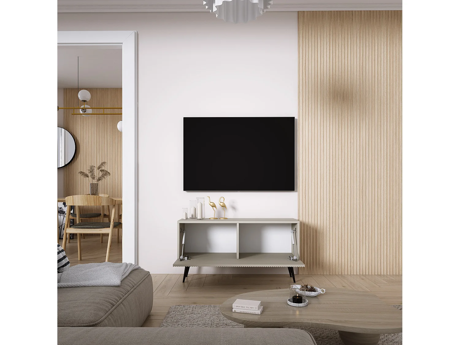 TV-meubel met gegroefd front 100, Kasjmier, zwarte schuine poten, 100 × 32 × 52 cm