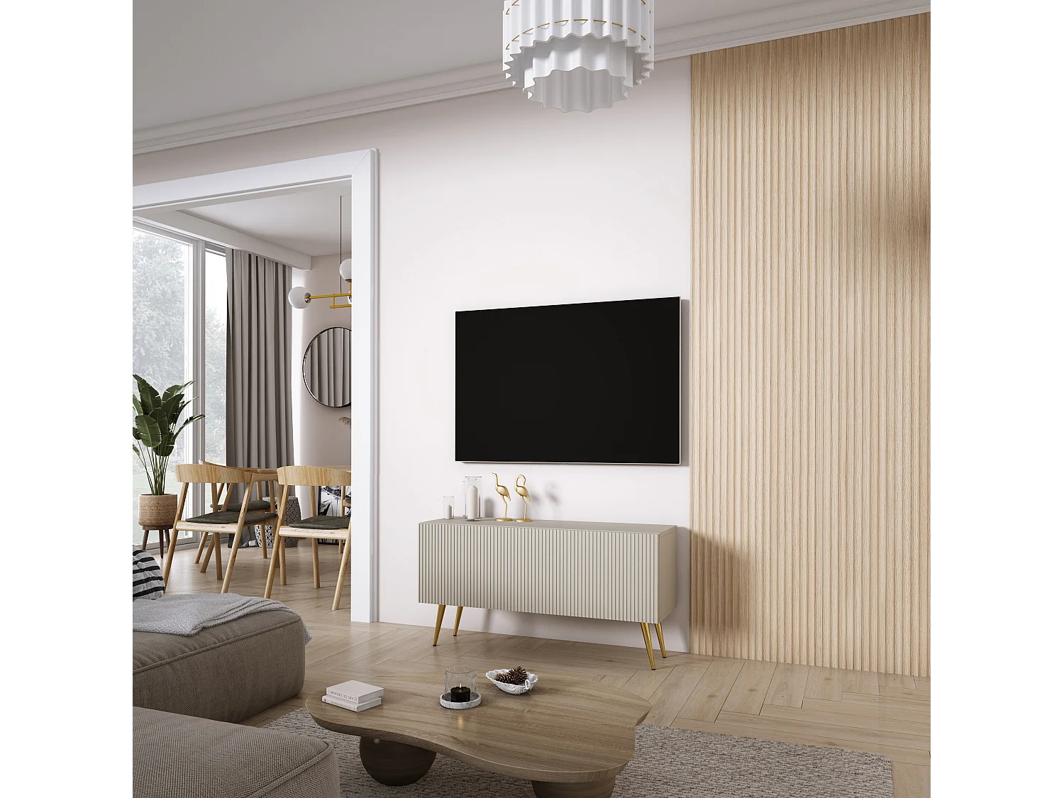 Meuble TV à façade rainurée 100, Cachemire, pieds inclinés dorés, 100 × 32 × 52 cm