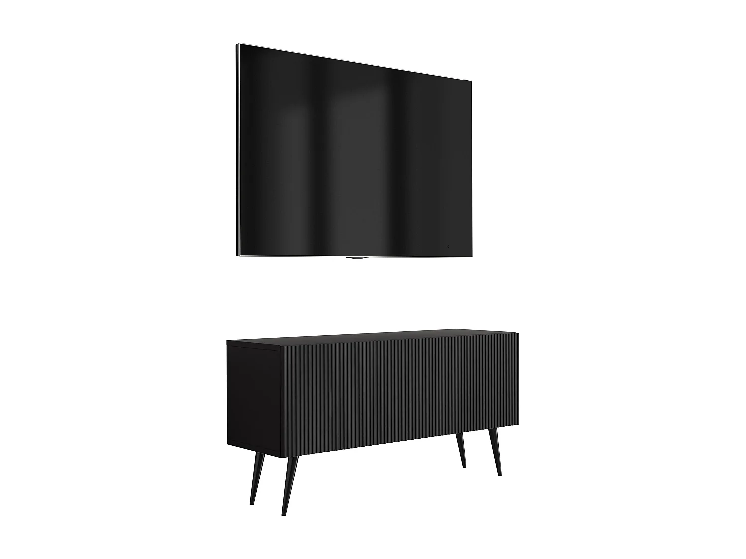 TV-Schrank mit geriffelter Front, Mattschwarz, schwarze, schräge Beine, 100 × 32 × 52 cm