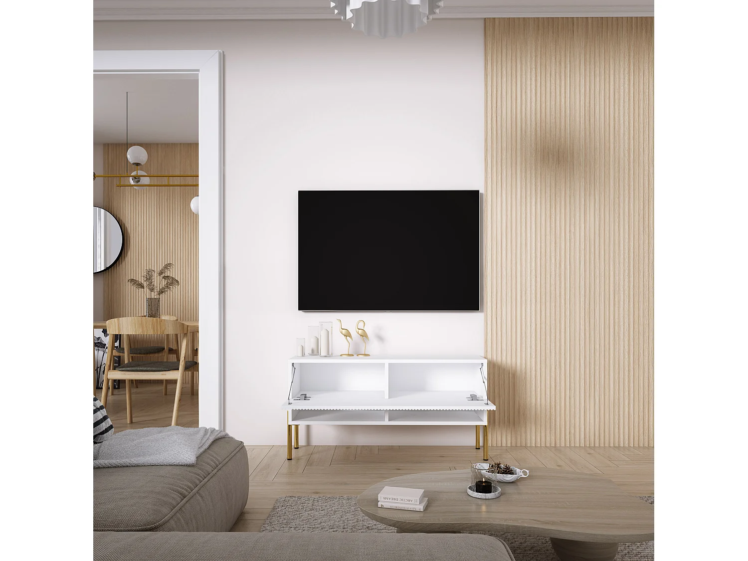 Szafka pod telewizor z ryflowanym frontem 100, Biały Mat, nóżki proste złote, 100 × 32 × 52 cm