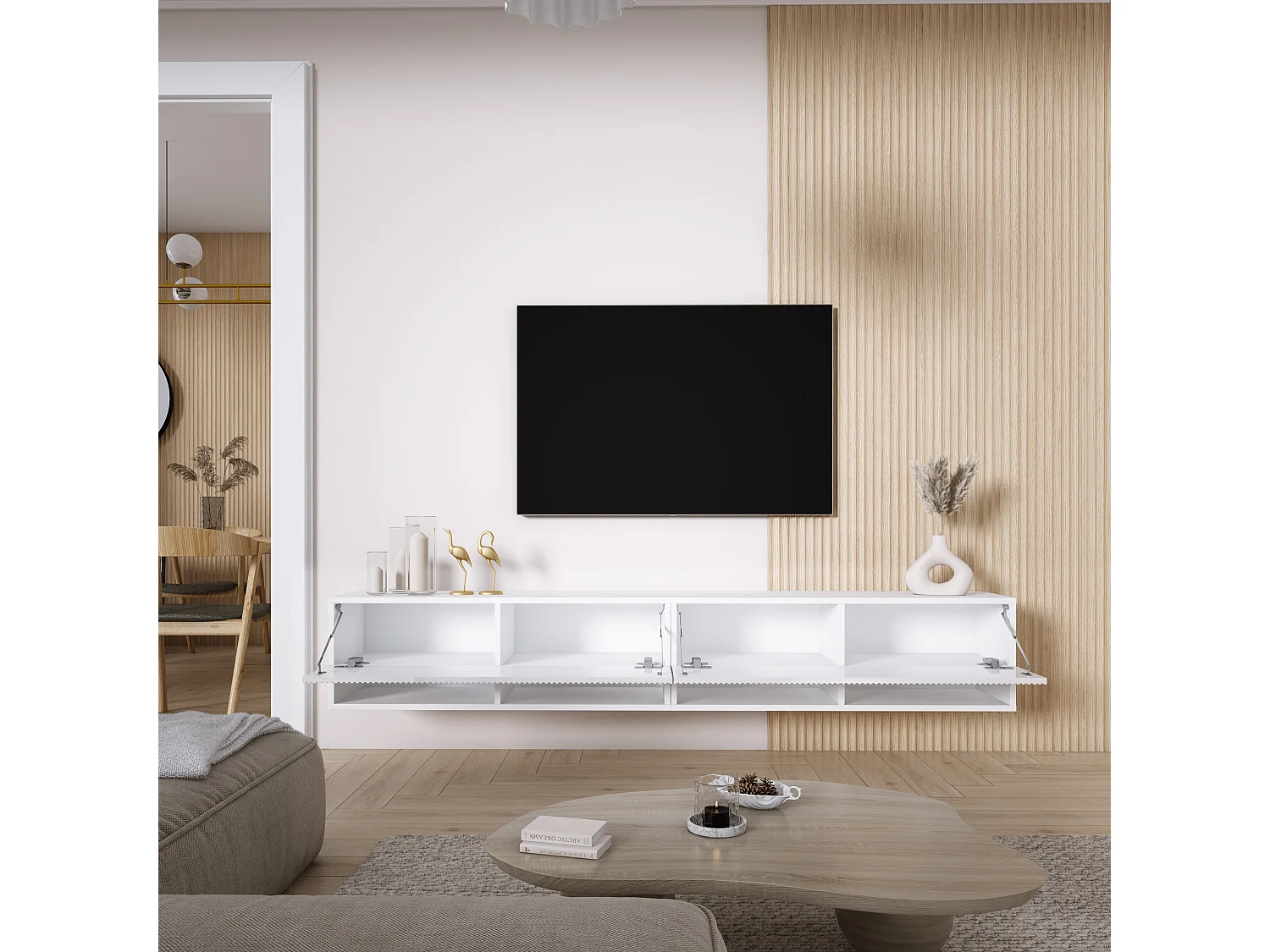 TV-Schrank (2 x 100 cm), geriffelte Fronten, Mattweiß, 200 × 32 × 33,6 cm