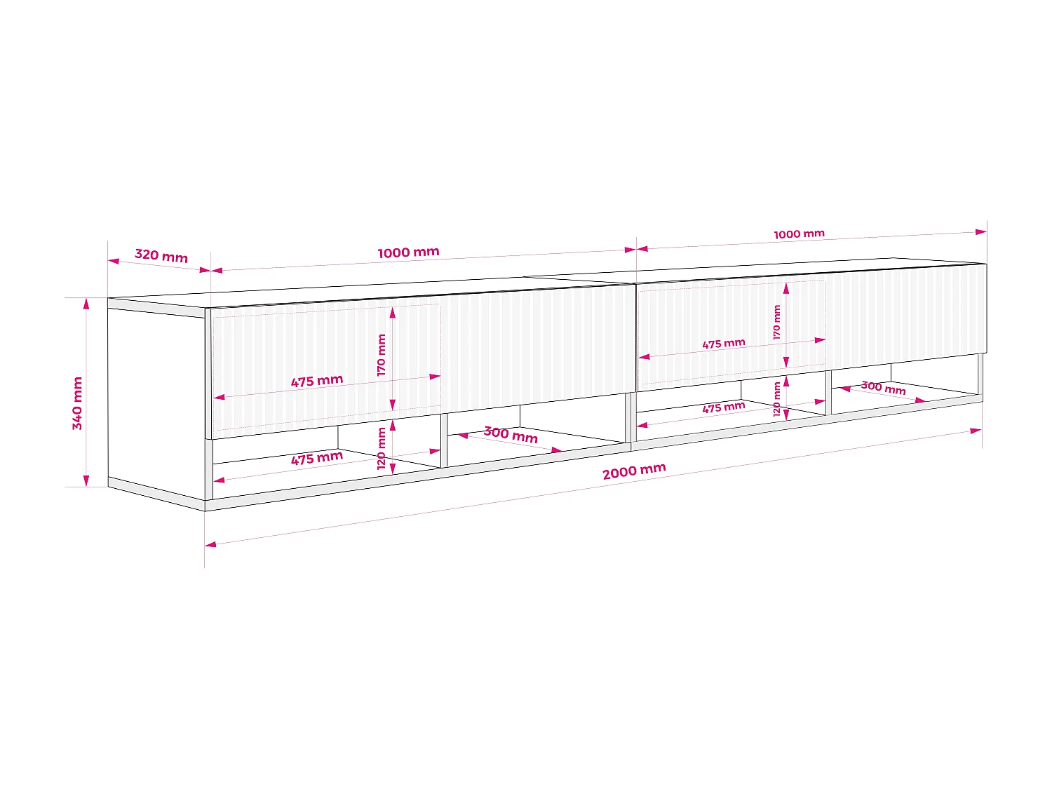 TV-Schrank (2 x 100 cm), geriffelte Fronten, Mattweiß, 200 × 32 × 33,6 cm