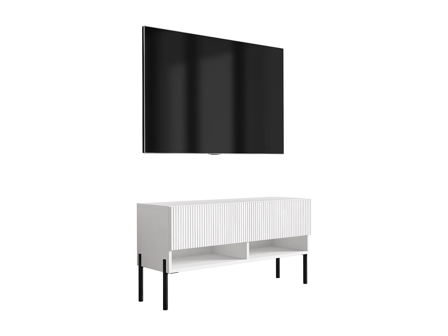 Szafka pod telewizor z ryflowanym frontem 100, Biały Mat, nóżki proste czarne, 100 × 32 × 52 cm